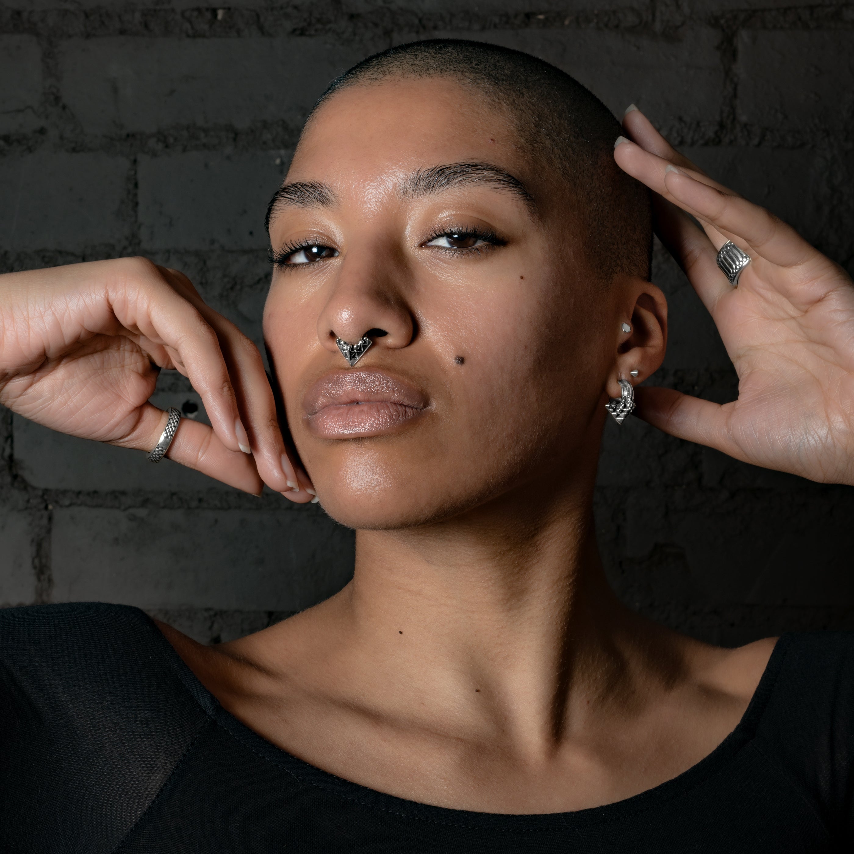 model wearing Karnataka Silver Hoop Hangers
