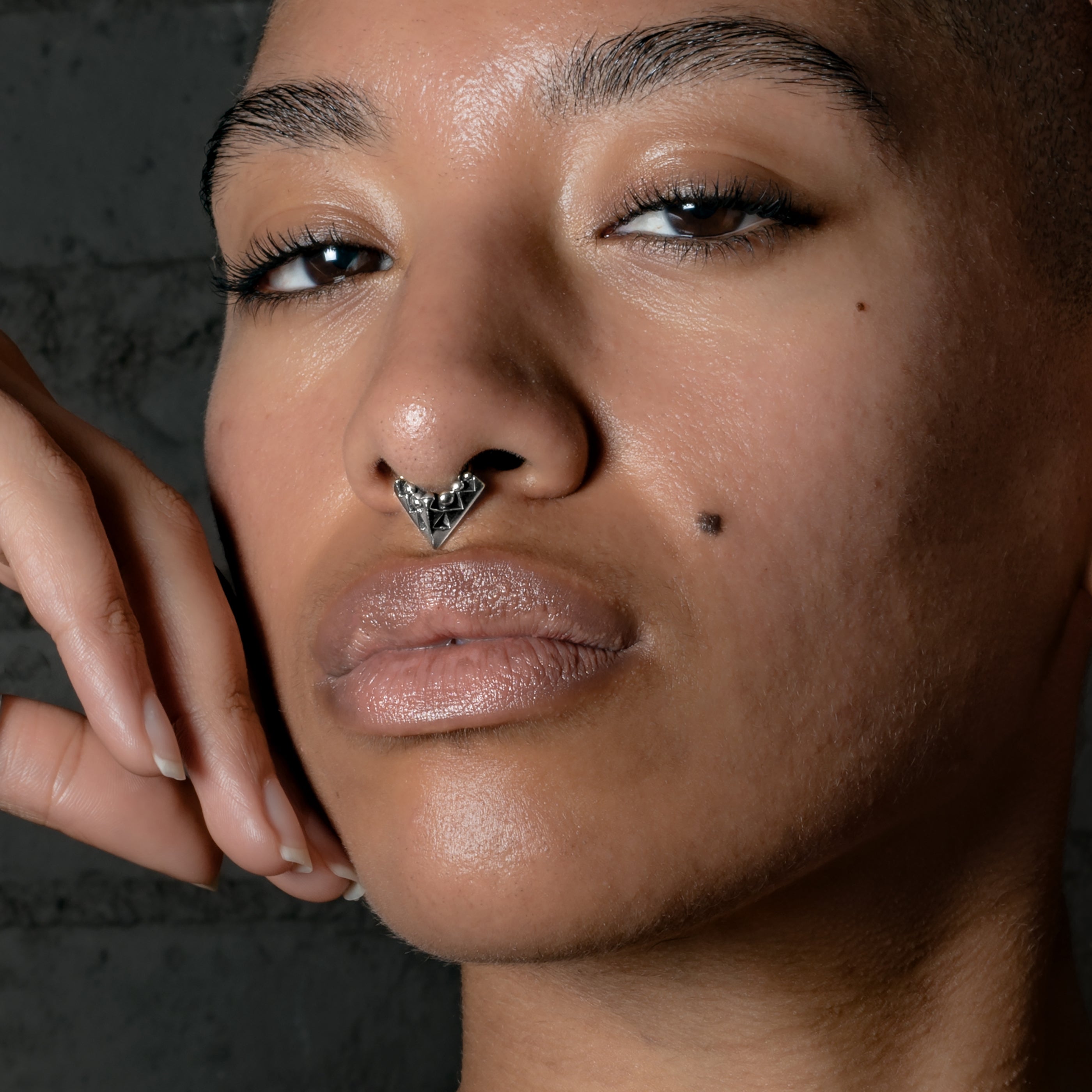 model wearing Karnataka Silver Septum Ring