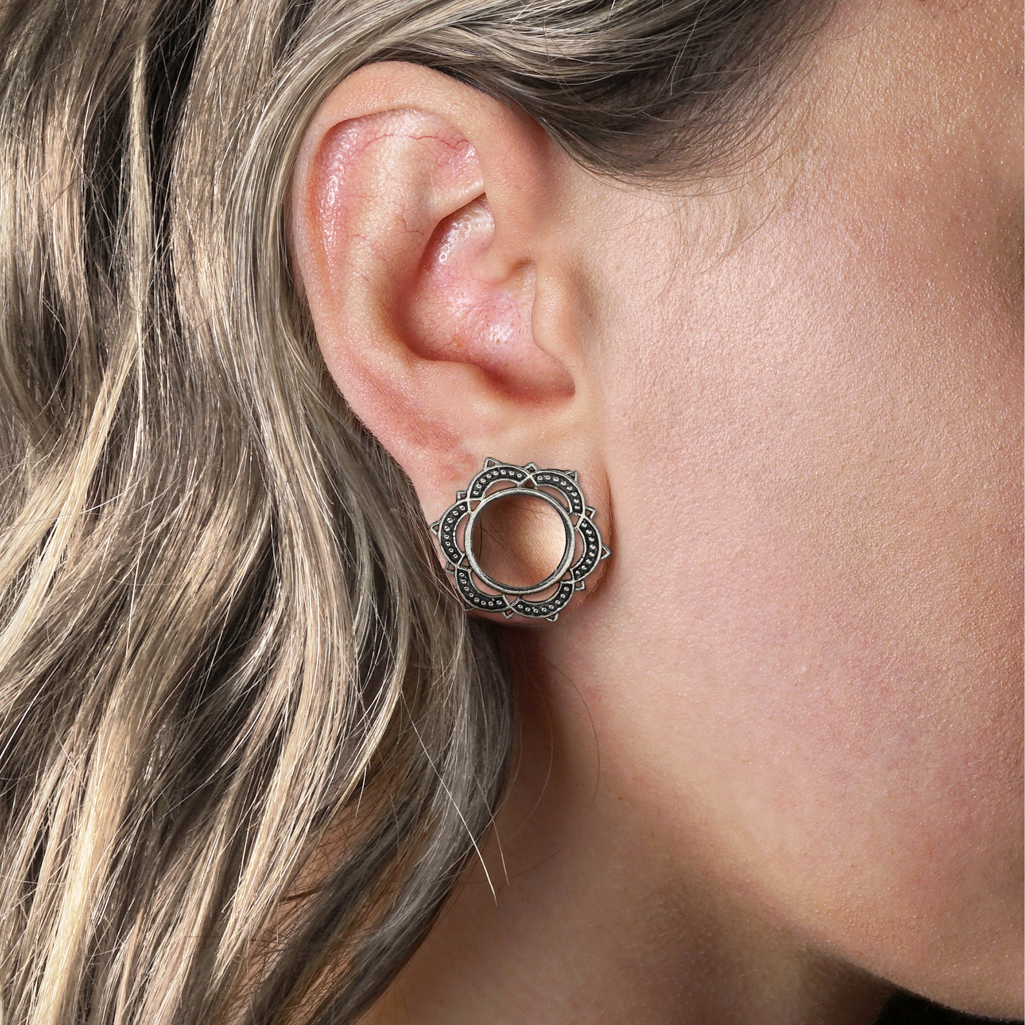 model wearing Lalita Flower Mandala Tunnels