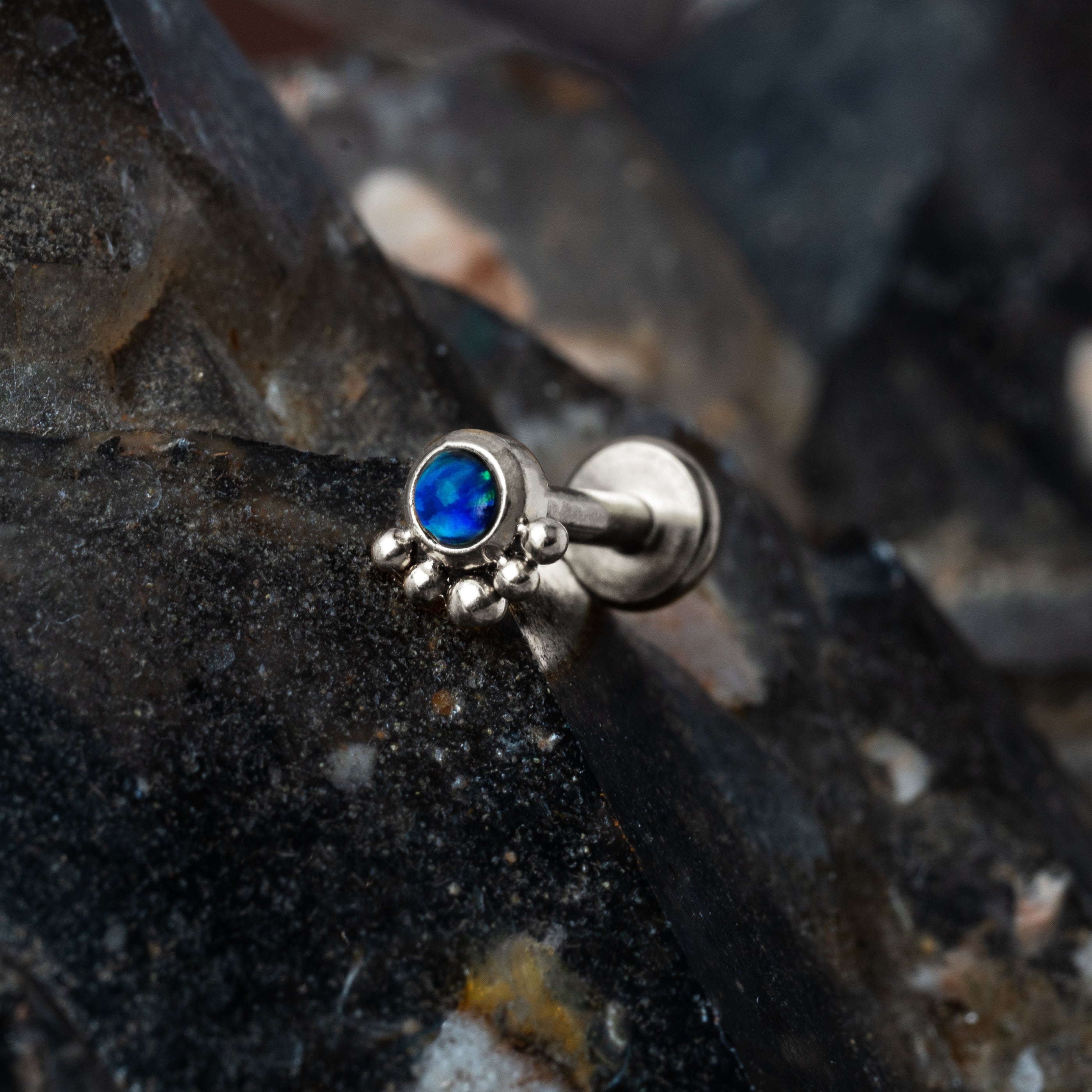 Layla surgical steel internally threaded flat back Labret with Blue Opal