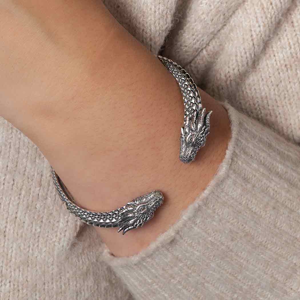 model wearing Silver Dragon Cuff Bracelet