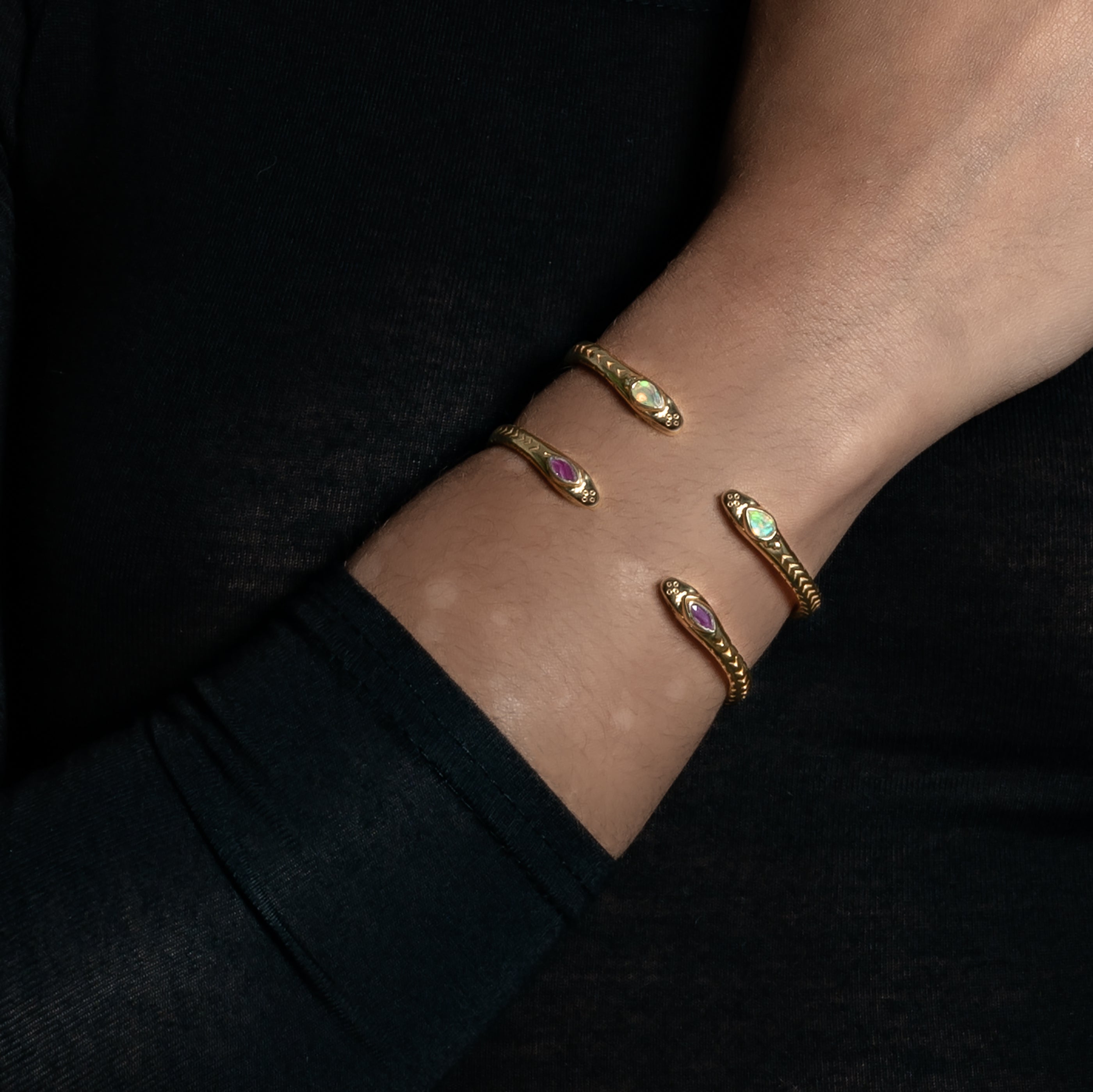 model wearing Naga Gold Cuff with Opal