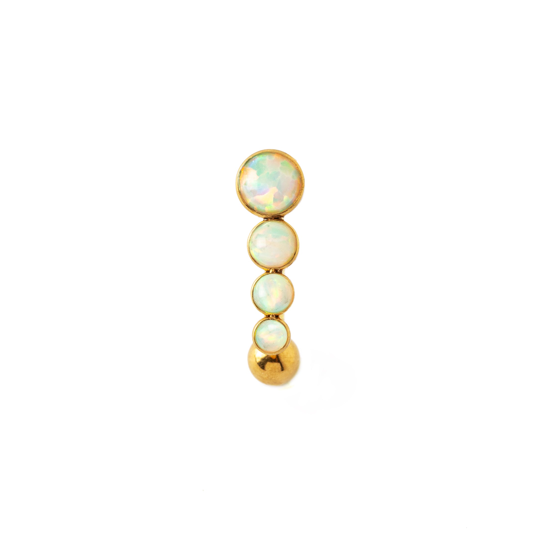 Newton golden surgical steel navel piercing with White Opal frontal view