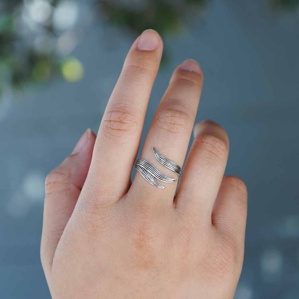 model wearing Long Leaf Silver Ring