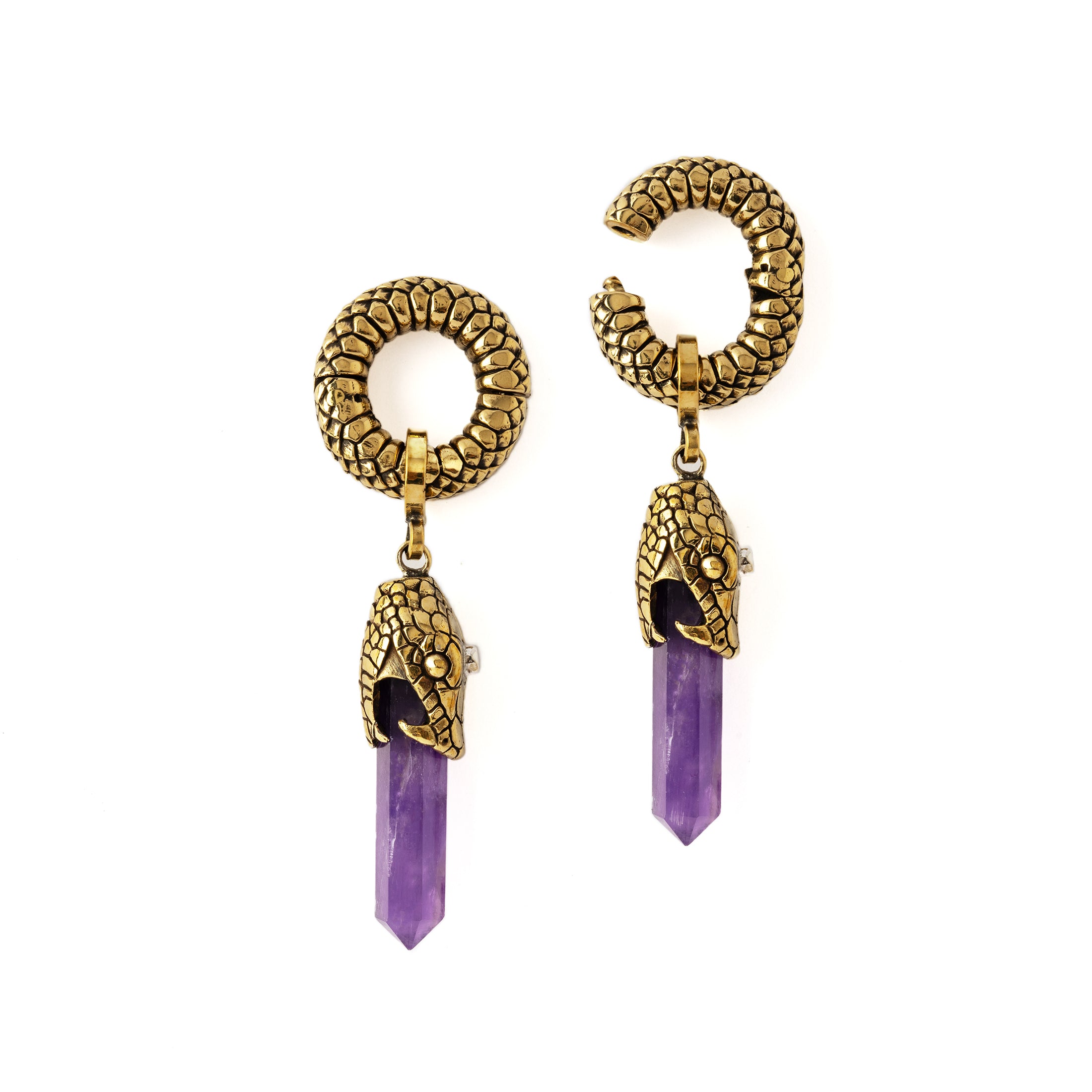 pair of Rebirth Snake Hangers with Amethyst side view