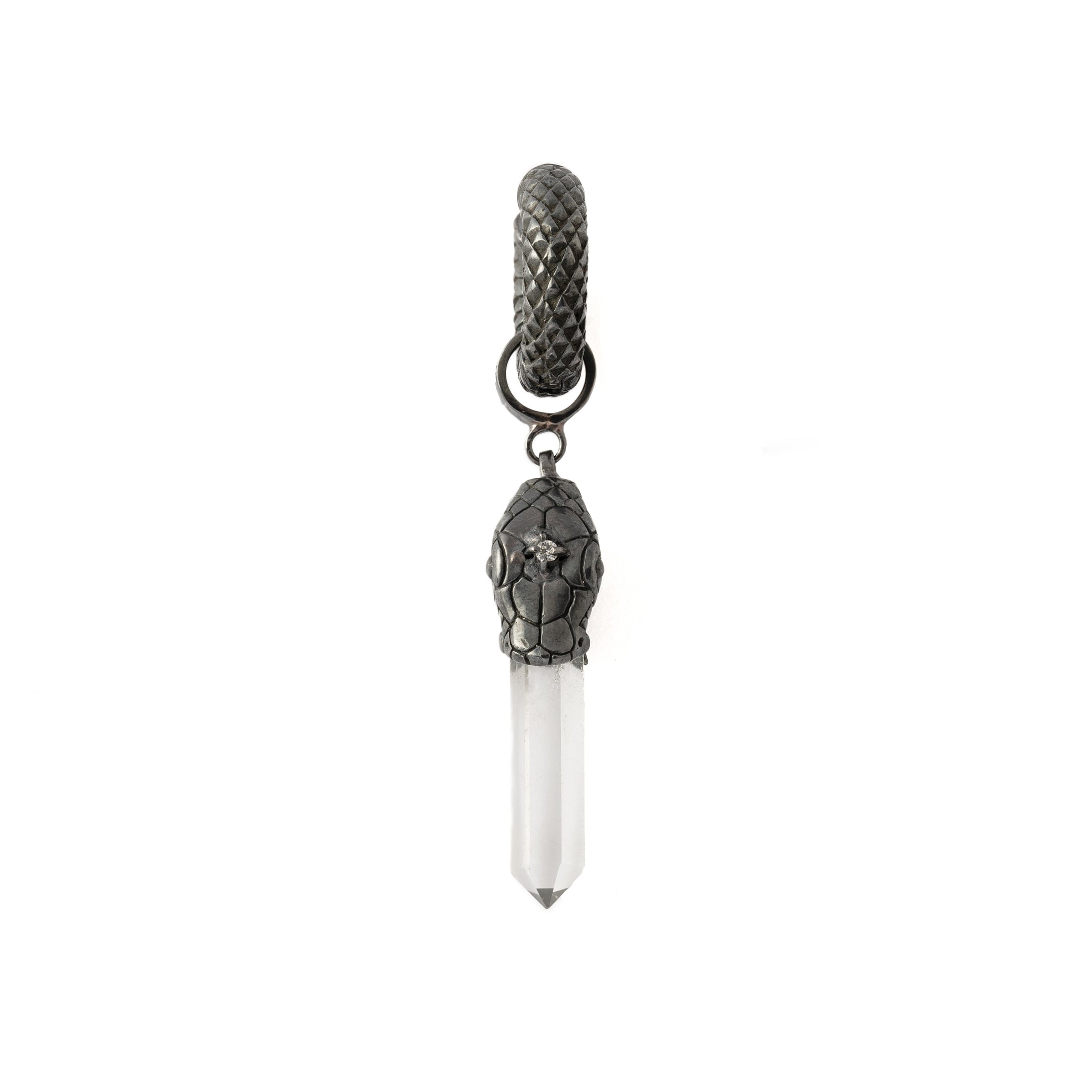 Black Silver Rebirth Snake Earring with Crystal Quartz frontal view