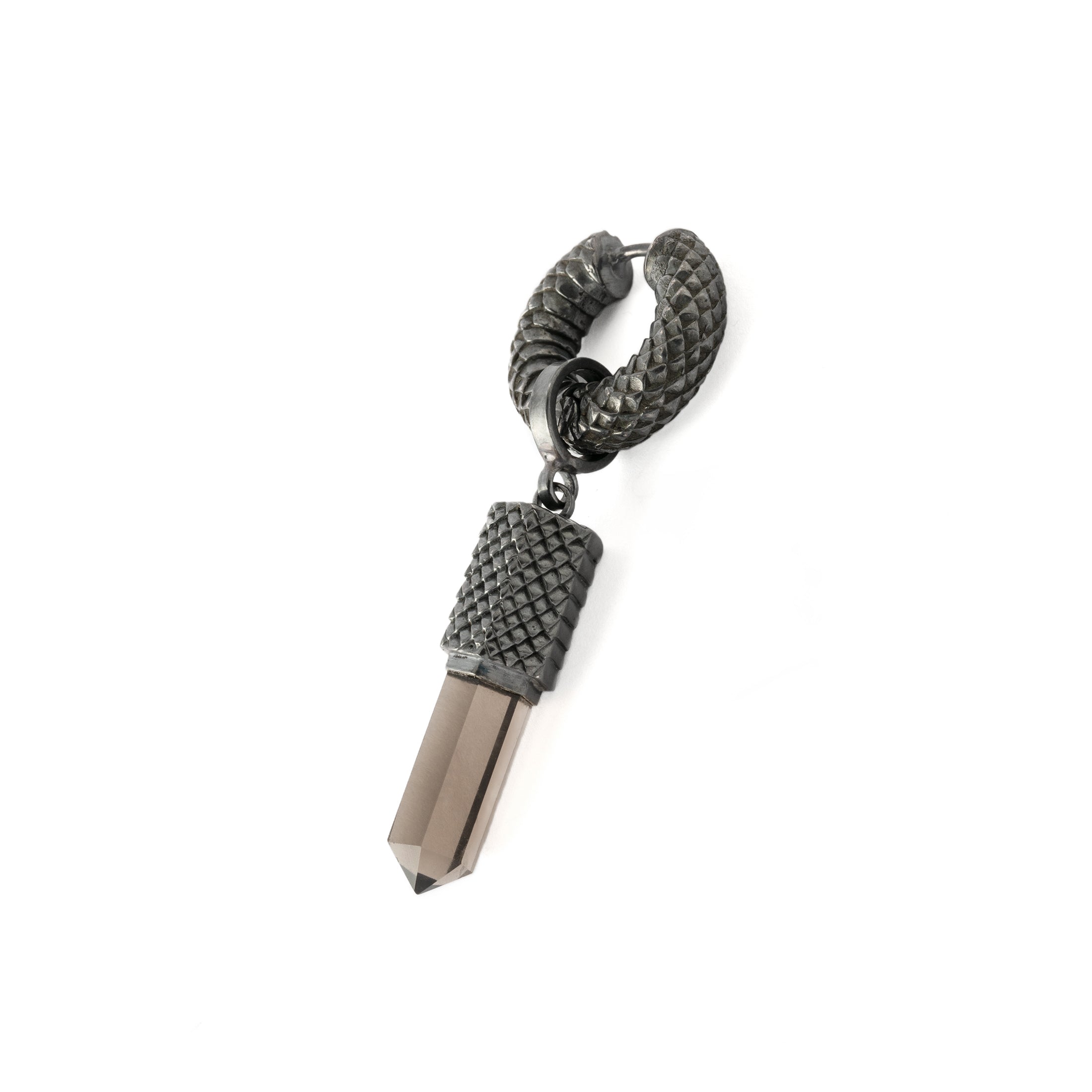 Black Silver Rebirth Clicker Earring with Smokey Quartz pendant left side view