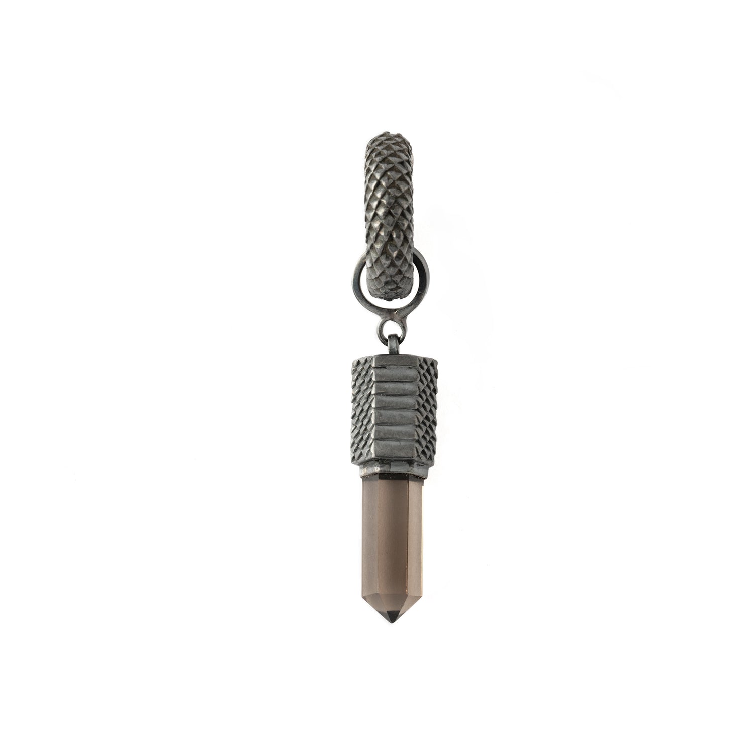 Black Silver Rebirth Clicker Earring with Smokey Quartz pendant frontal view
