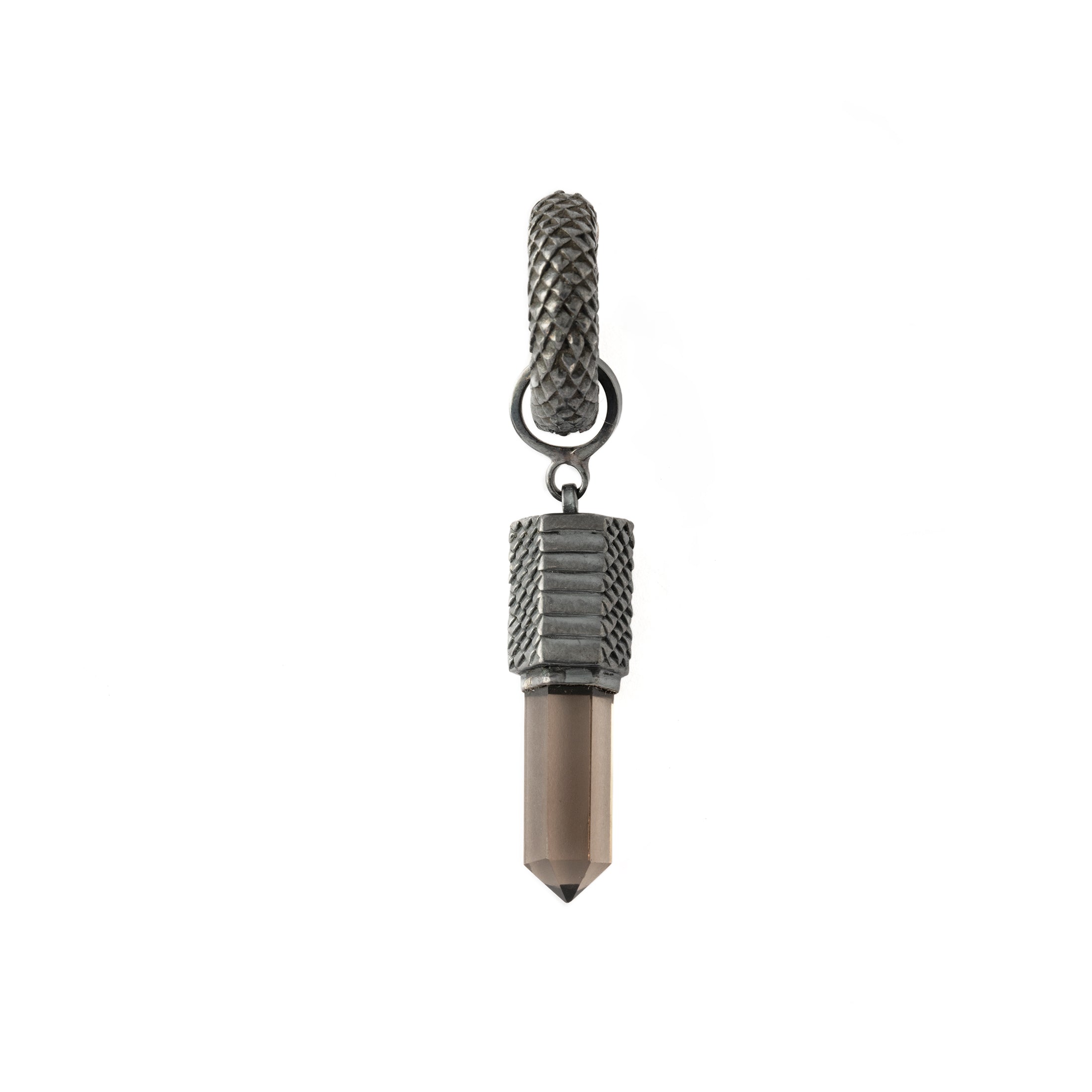 Black Silver Rebirth Clicker Earring with Smokey Quartz pendant frontal view