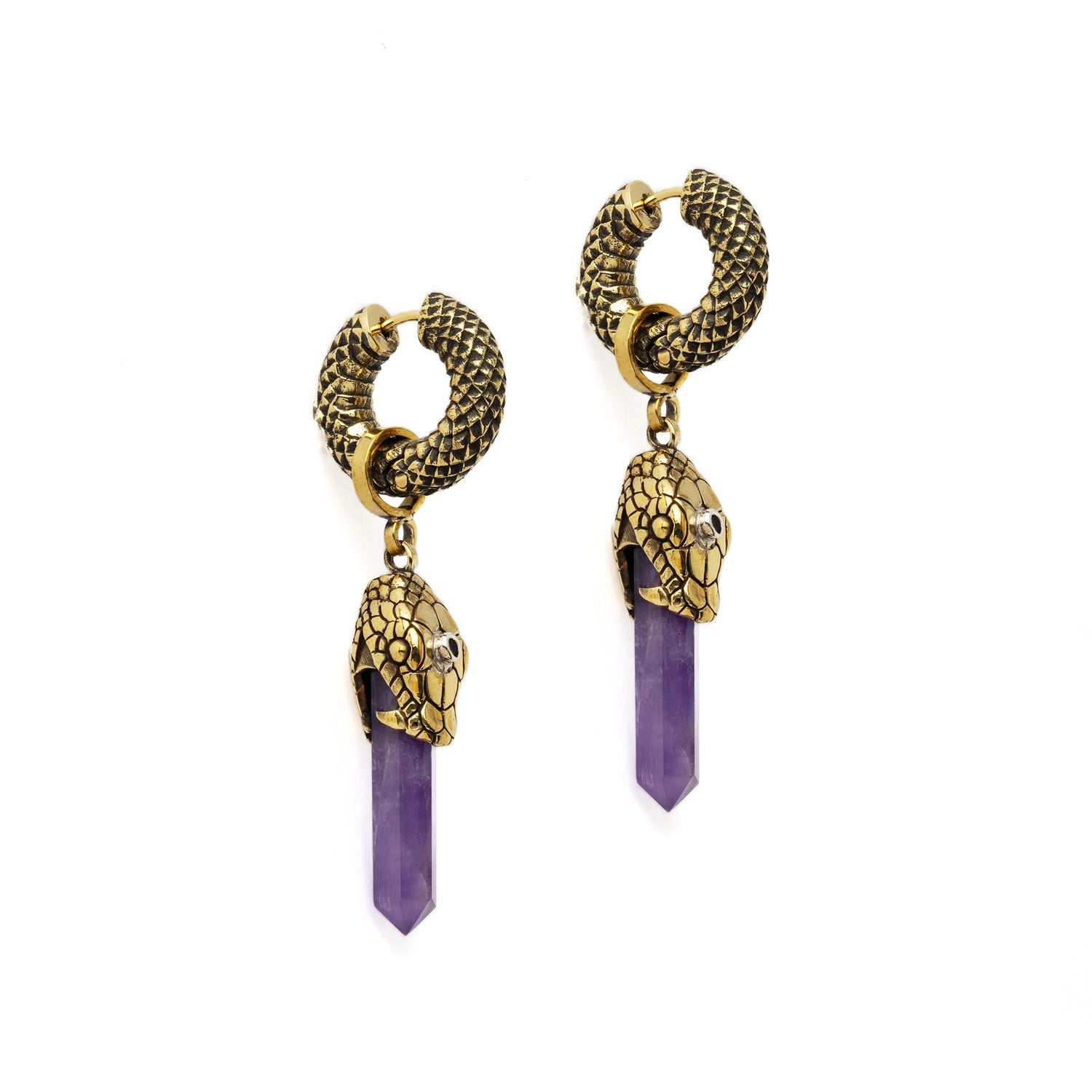 pair of Rebirth Snake Earrings with Amethyst front side view