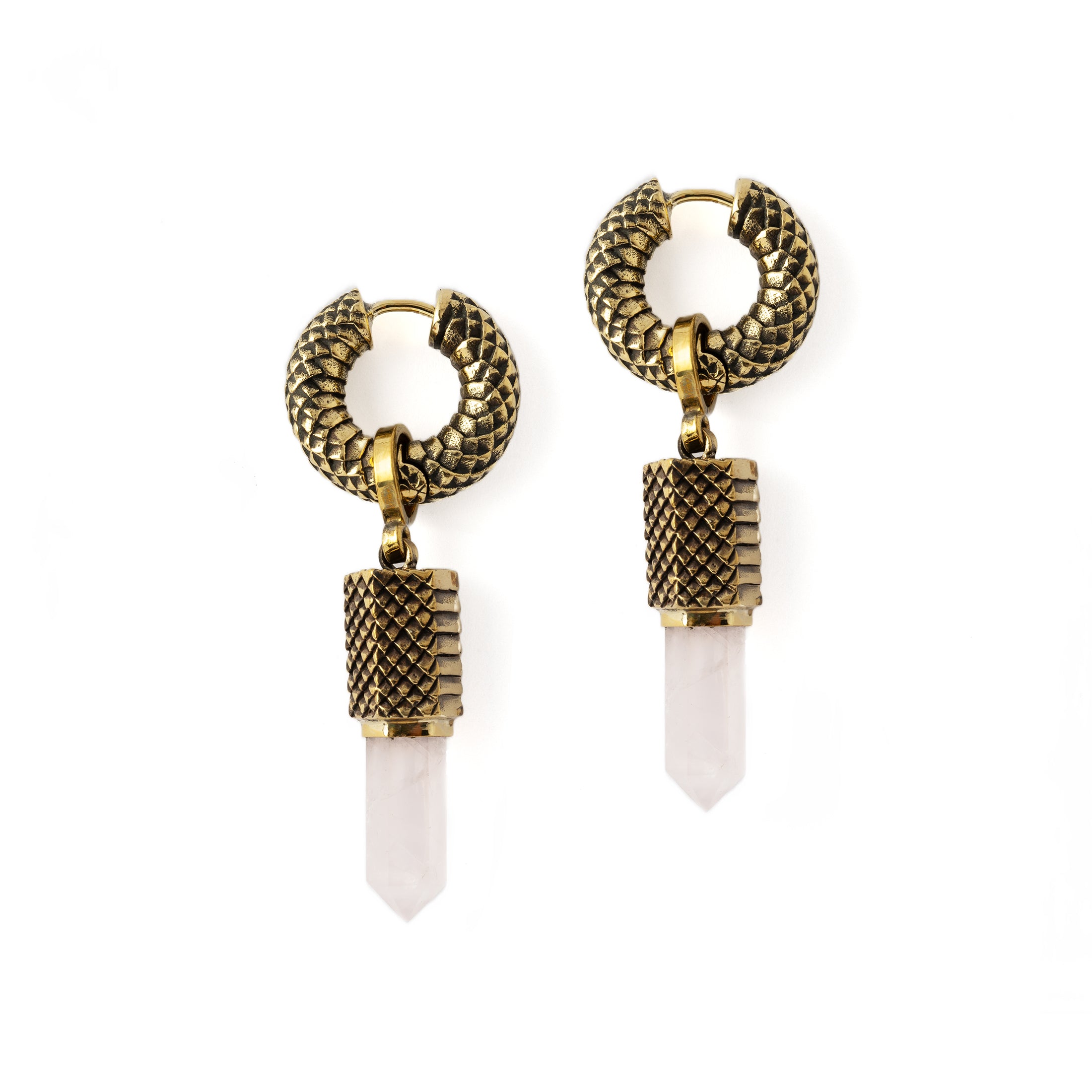 Rebirth Clicker Earrings with Rose Quartz pendant side view