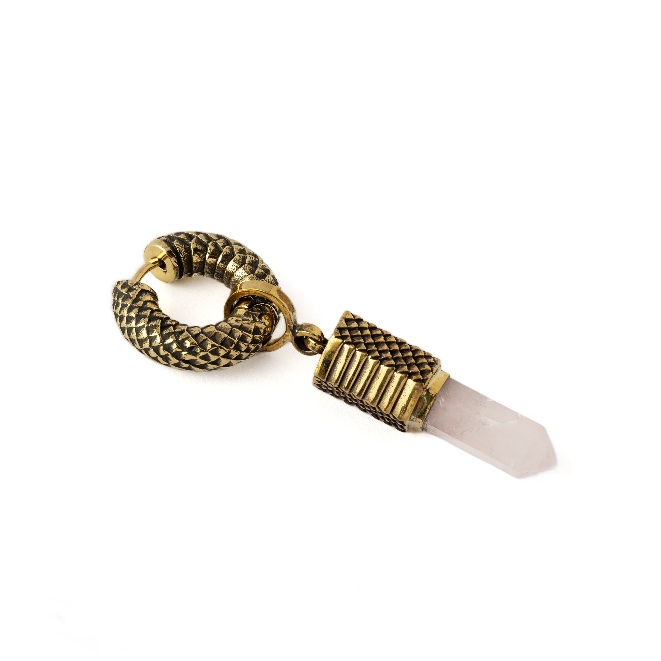 Rebirth Clicker Earring with Rose Quartz pendant left side view