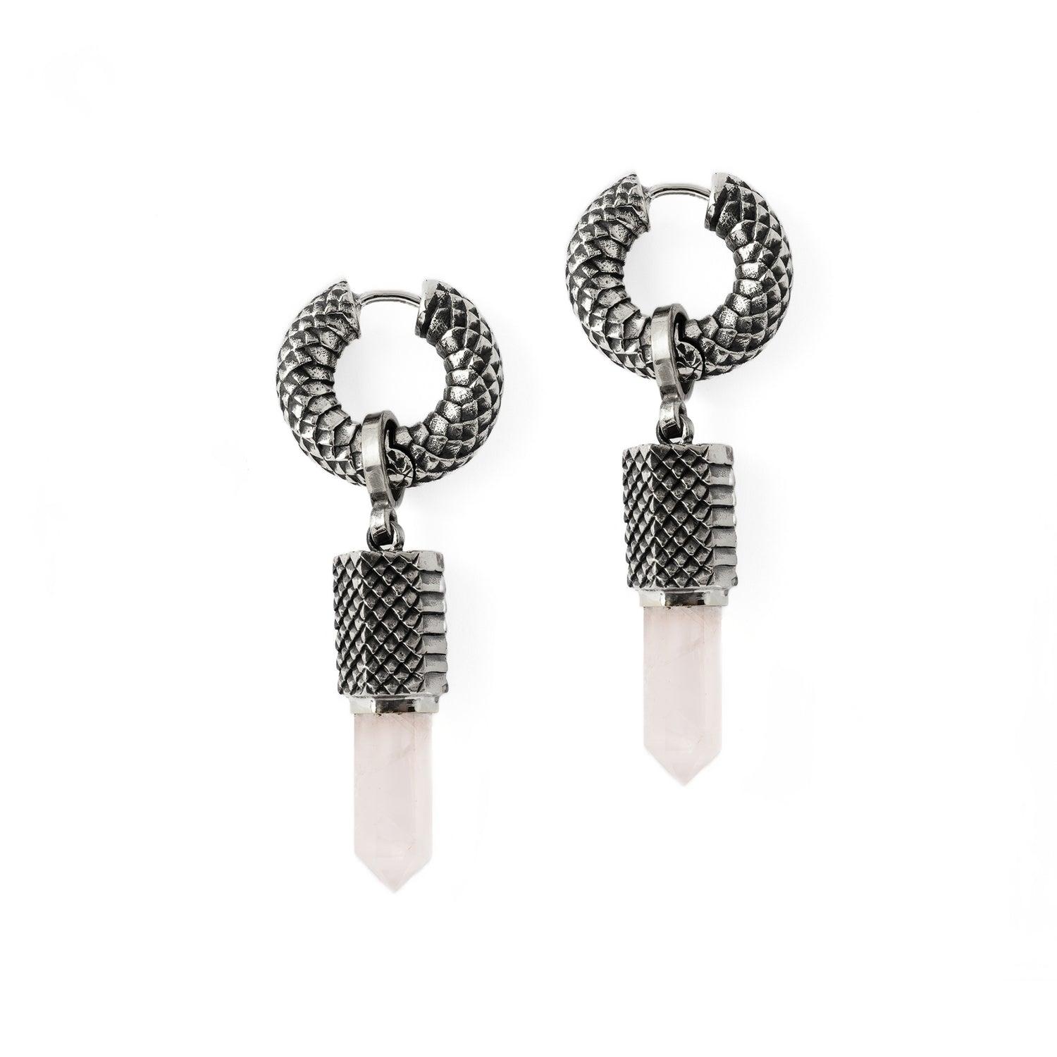 Rebirth Silver snake scale hoop earrings with Rose Quartz pendant frontal view