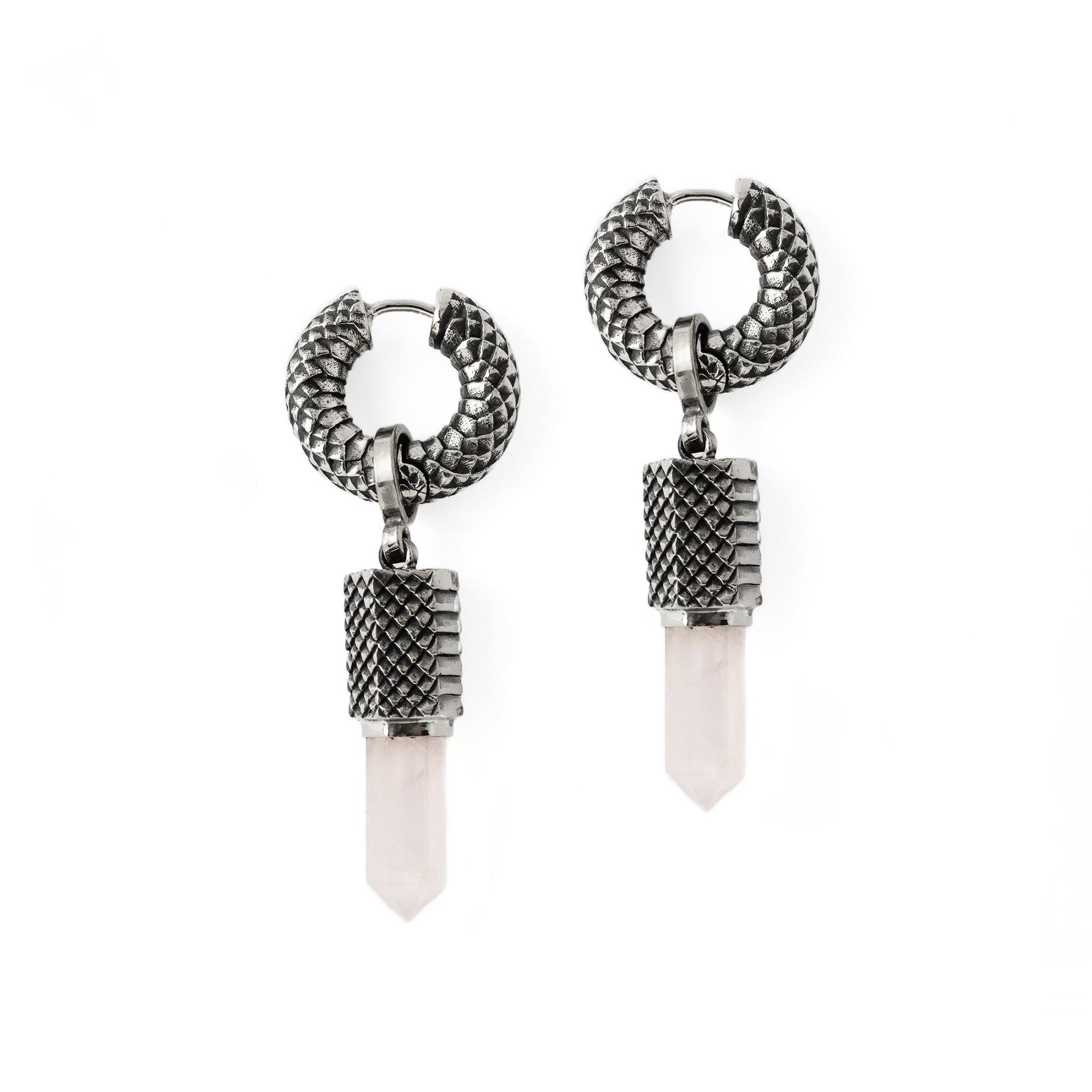 Rebirth Silver snake scale hoop earrings with Rose Quartz pendant frontal view