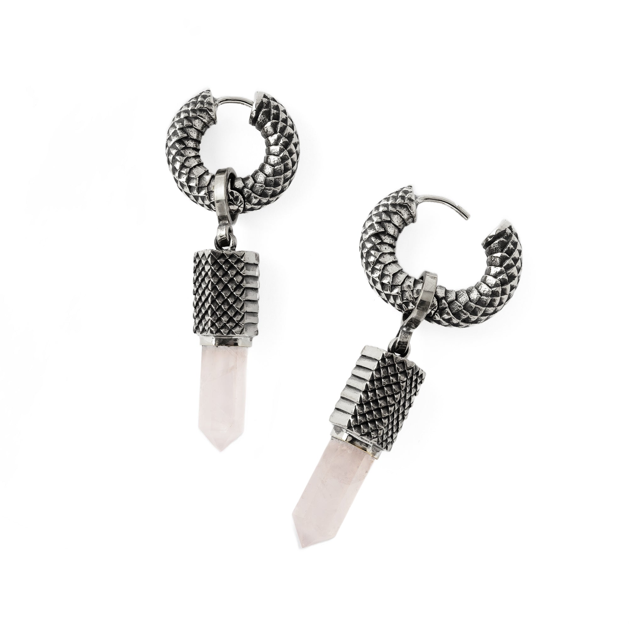 Rebirth Silver snake scale hoop earrings with Rose Quartz pendant open mode view
