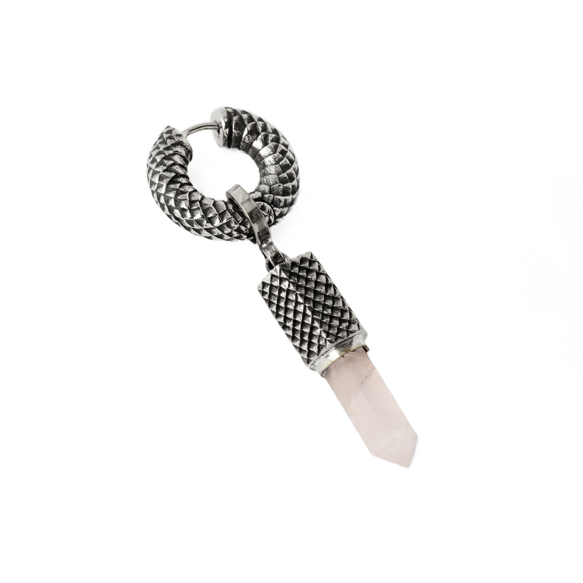 Rebirth Silver snake scale hoop earring with Rose Quartz pendant left side view