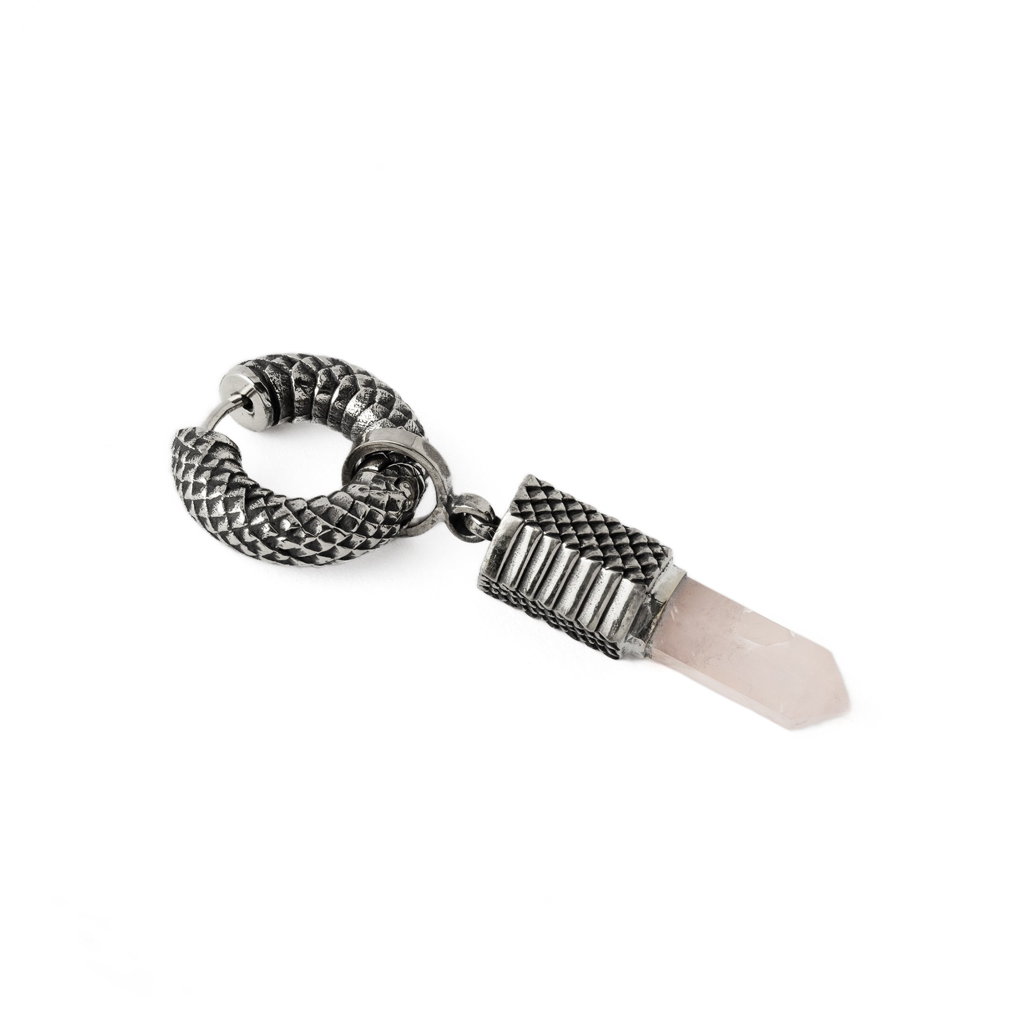 Rebirth Silver snake scale hoop earring with Rose Quartz pendant side view
