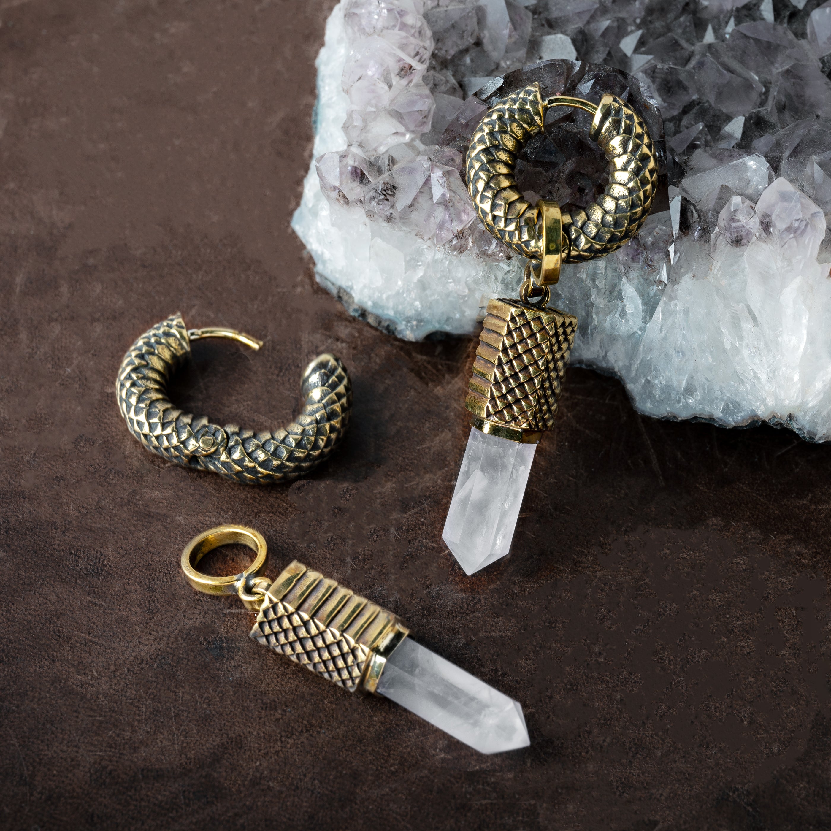 Rebirth snake scale hoop earrings with Crystal Quartz pendant