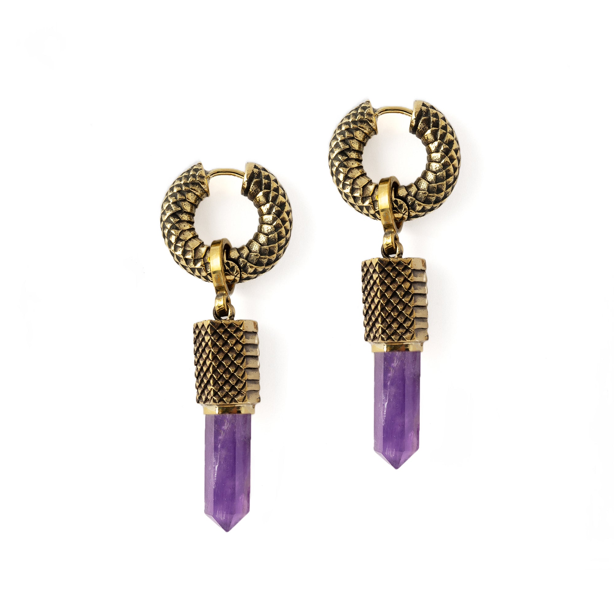 Rebirth snake scale hoop earrings with Amethyst pendant frontal view