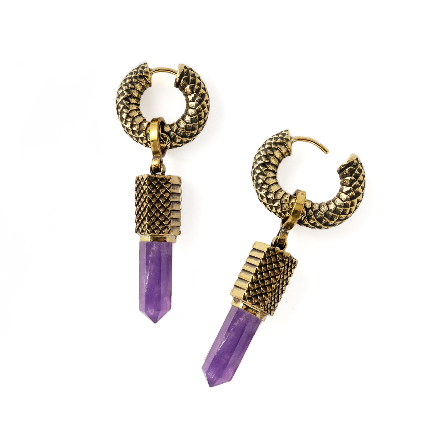 Rebirth snake scale hoop earrings with Amethyst pendant open mode view