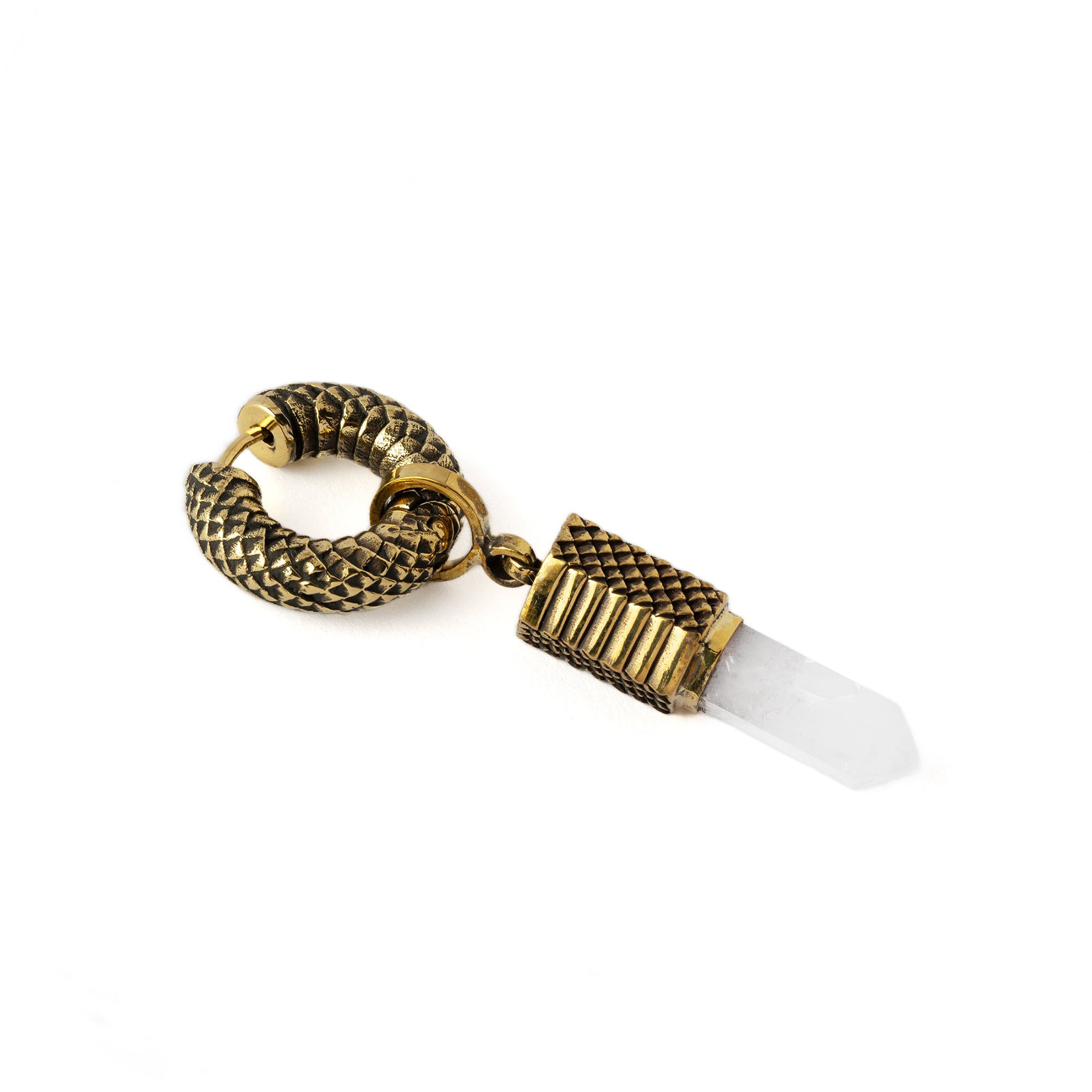 Rebirth snake scale hoop earring with Crystal Quartz side view