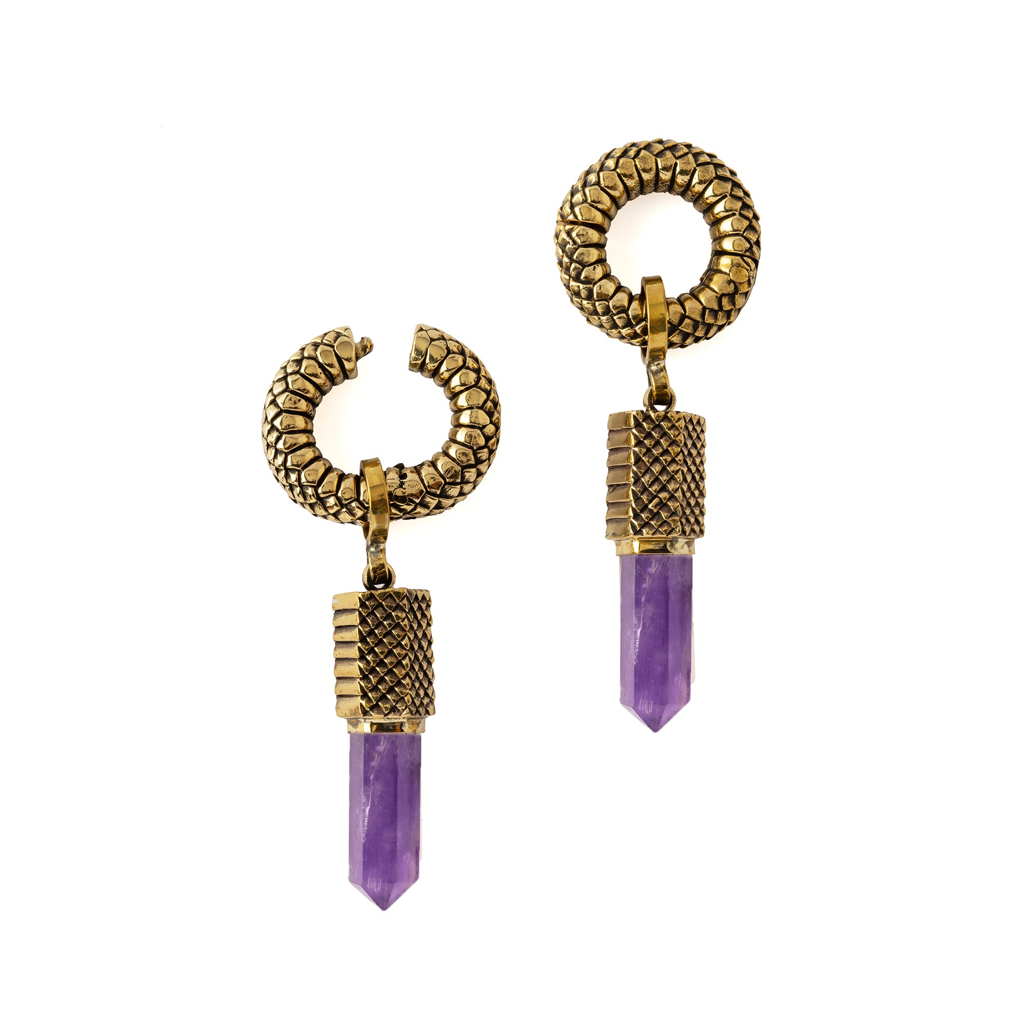 Rebirth snake scale ear weight hoop Hangers with Amethyst pendant open-mode view