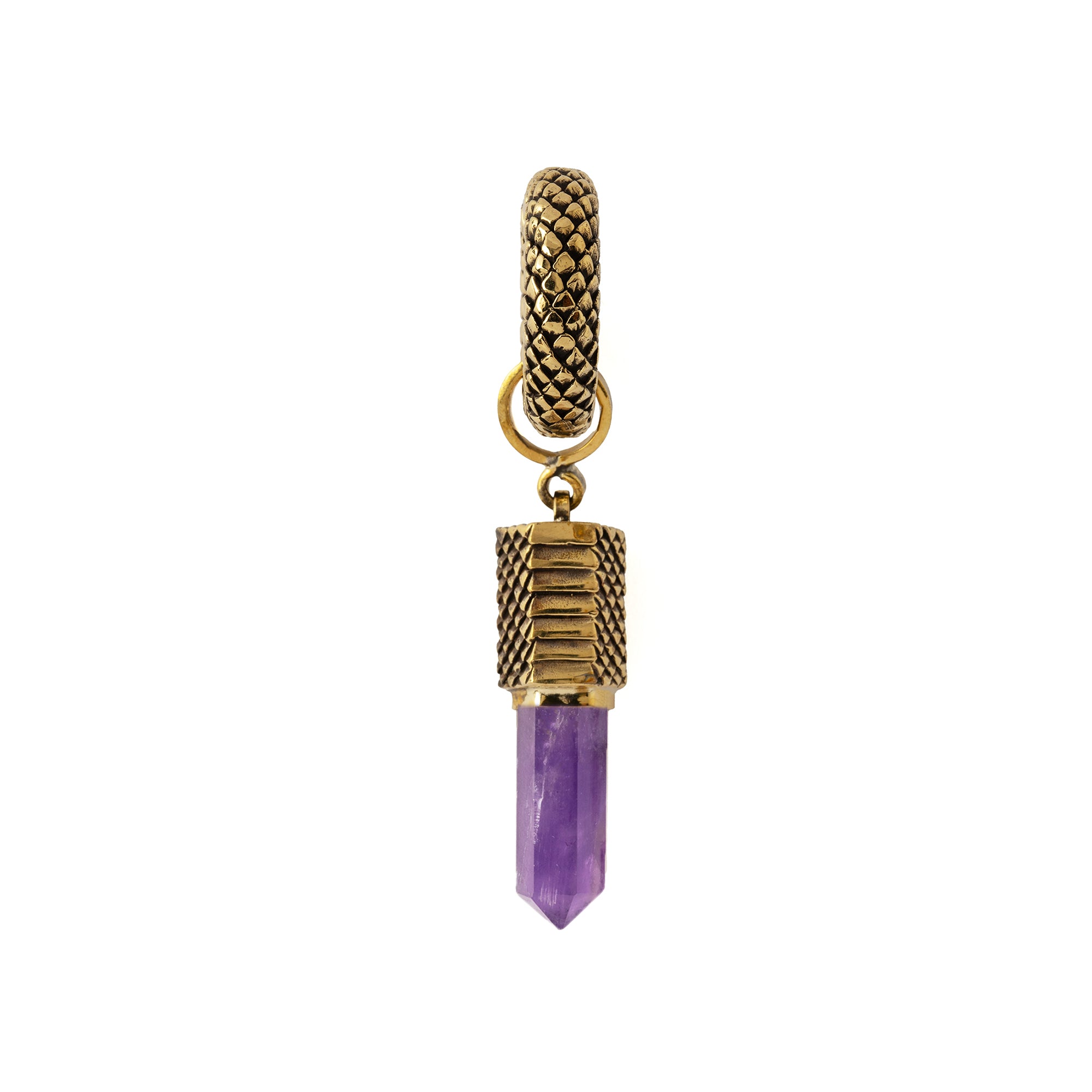 Rebirth snake scale ear weight hoop Hanger with Amethyst pendant frontal view