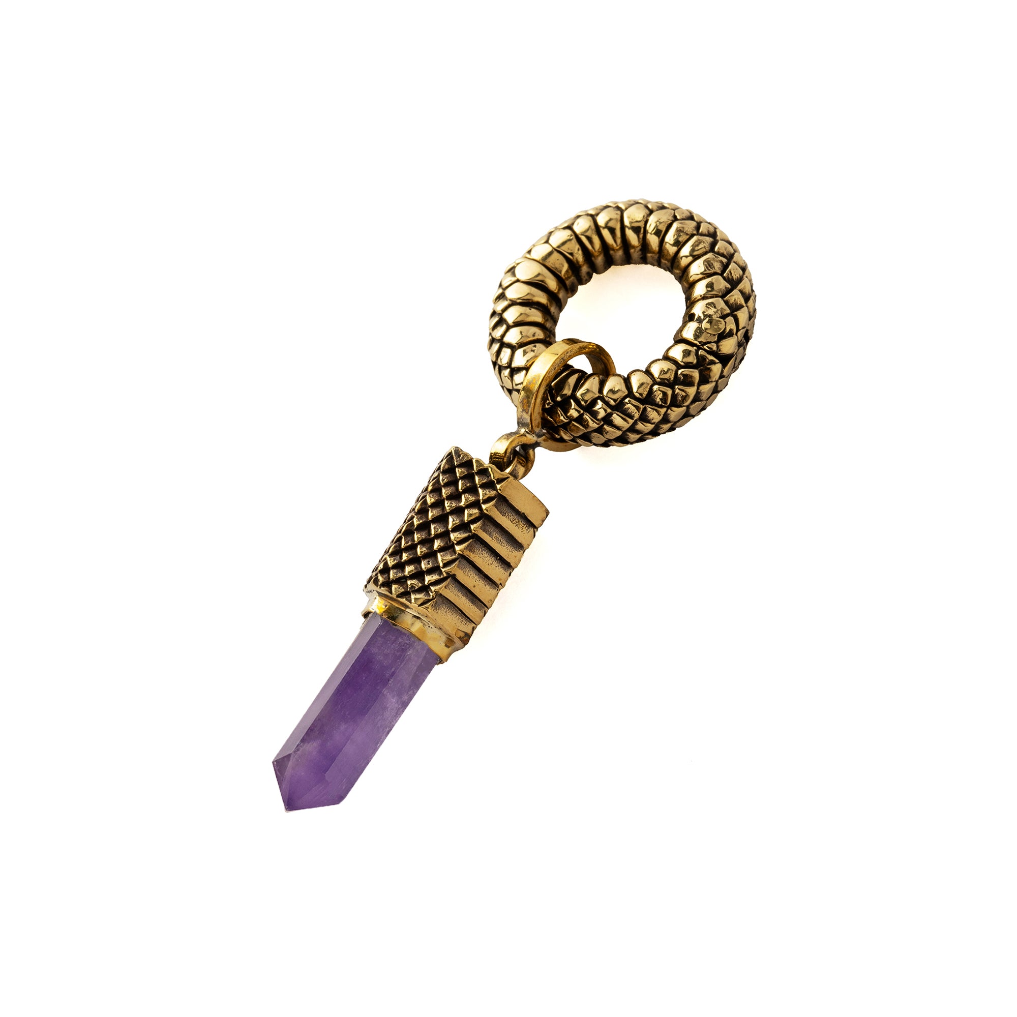 Rebirth snake scale ear weight hoop Hanger with Amethyst pendant left side view