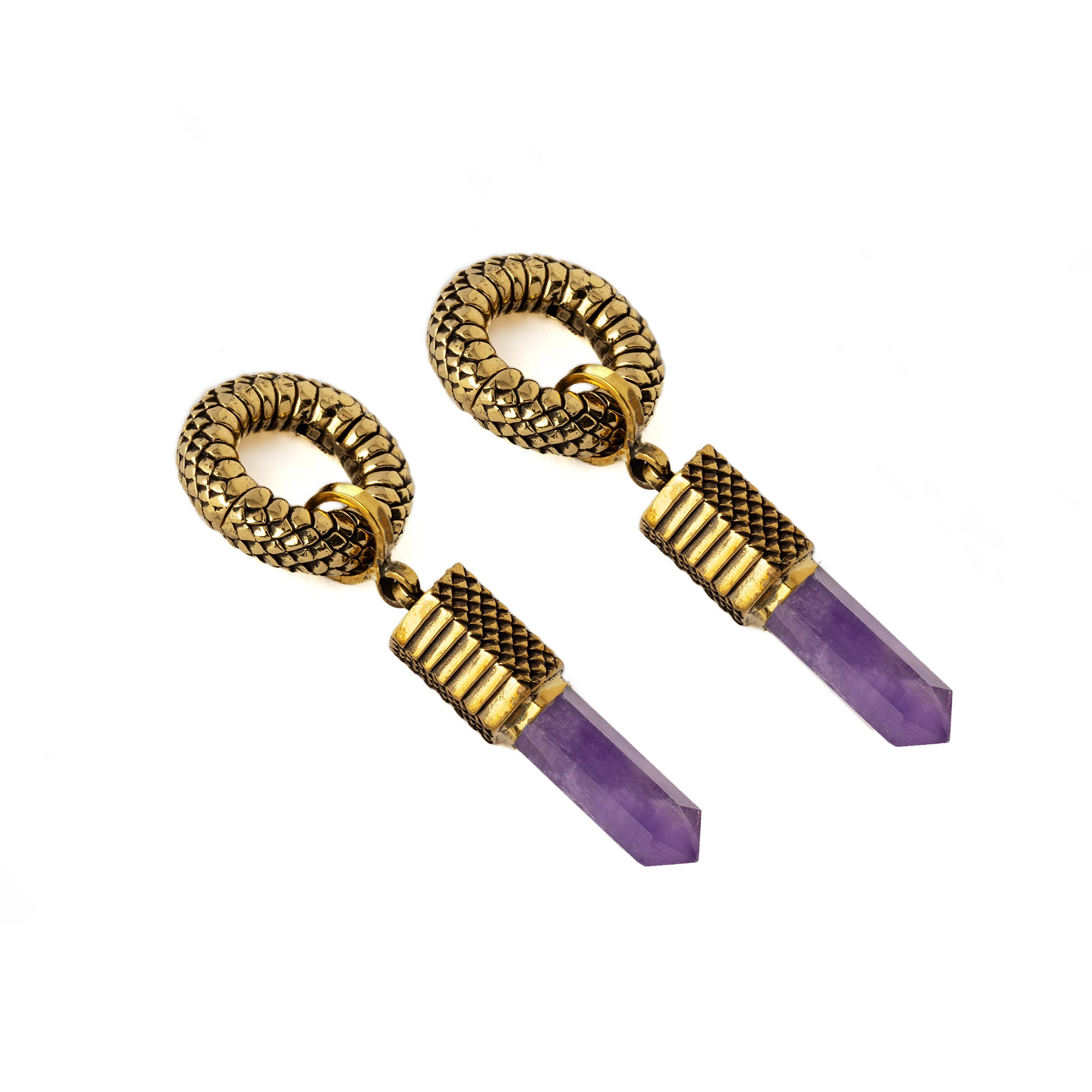 Rebirth snake scale ear weight hoop Hangers with Amethyst pendant right side view
