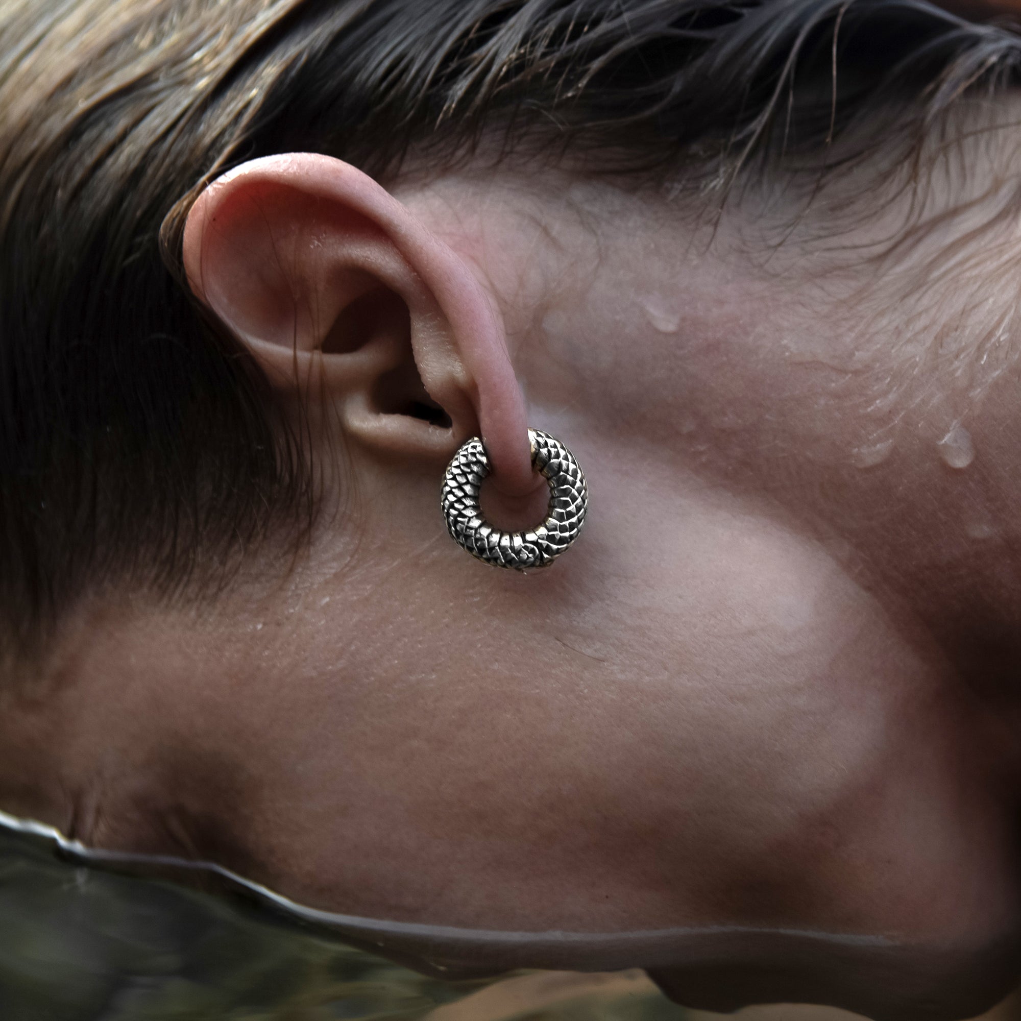 model wearing Rebirth Silver Weight Hoops