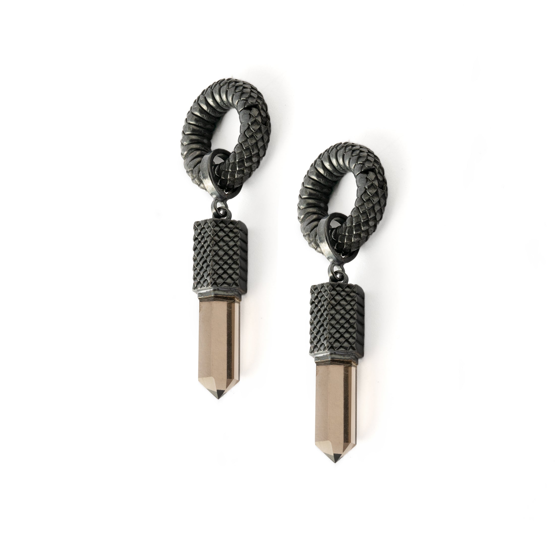 pair of black silver Rebirth Hangers with Smokey Quartz