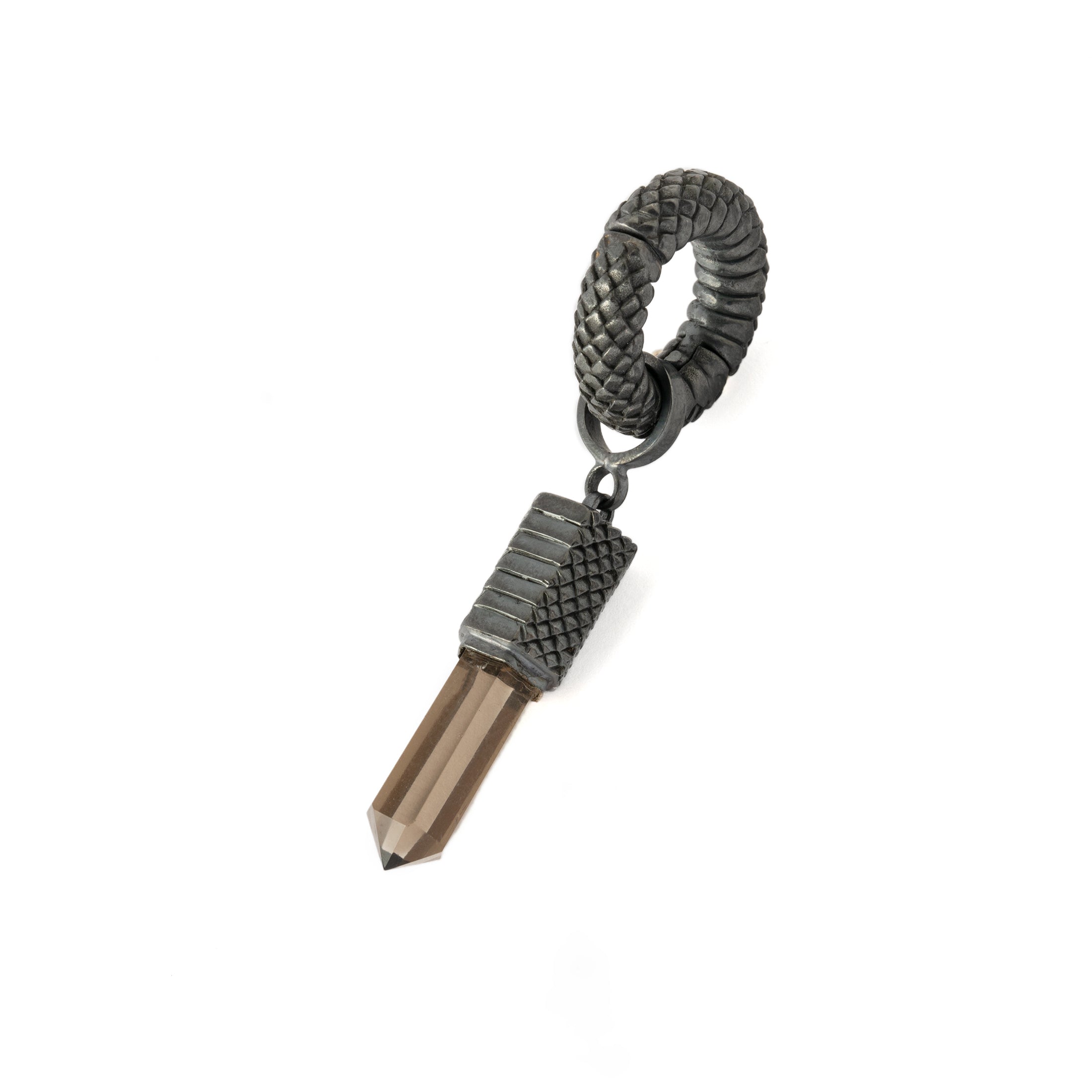 Black silver Rebirth Hanger with Smokey Quartz left side view