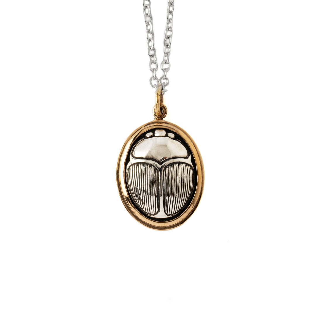 Silver and bronze Scarab Pendant on a chain frontal view