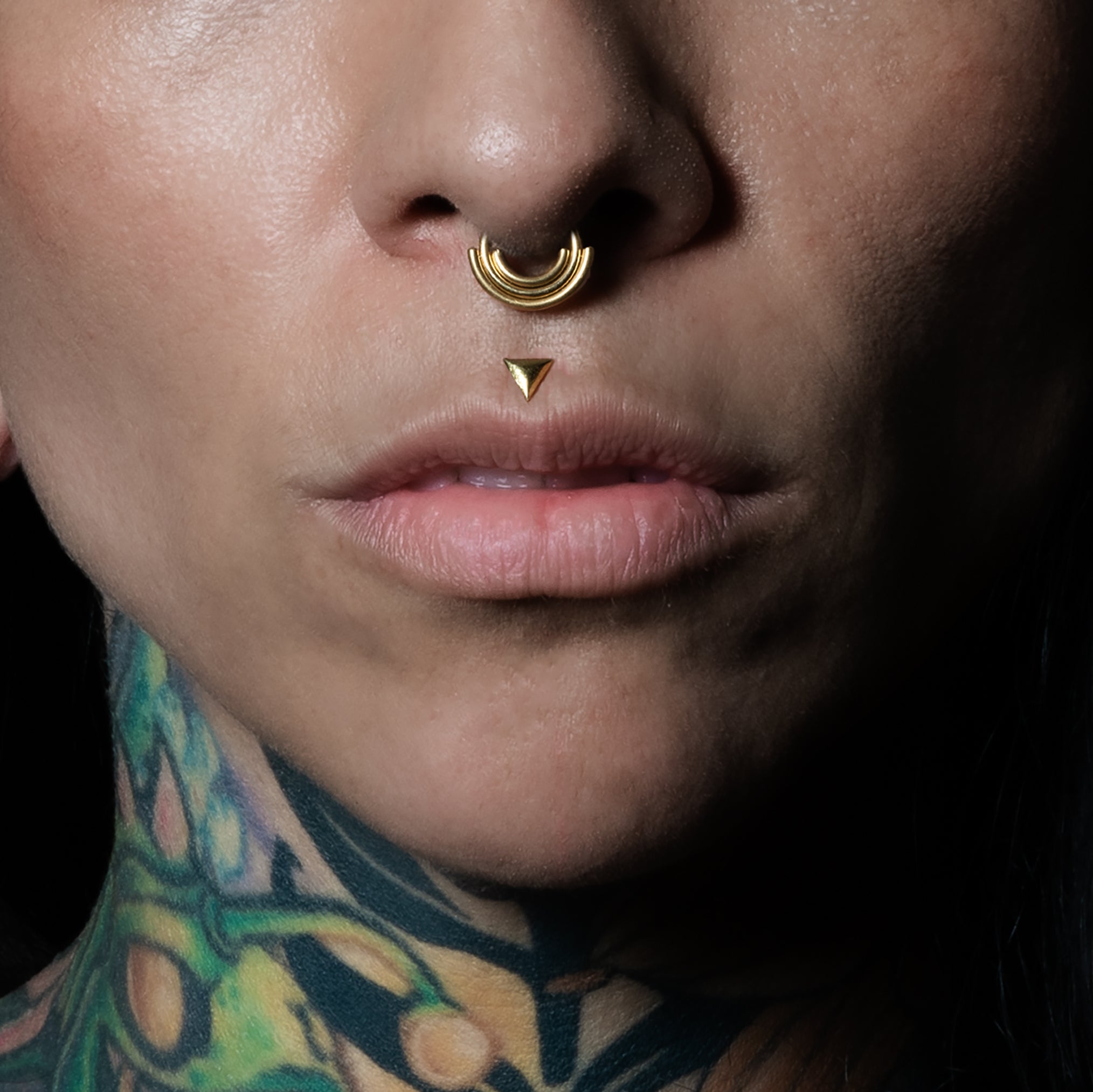 model wearing  18k Gold Triangle Flat Back Stud 