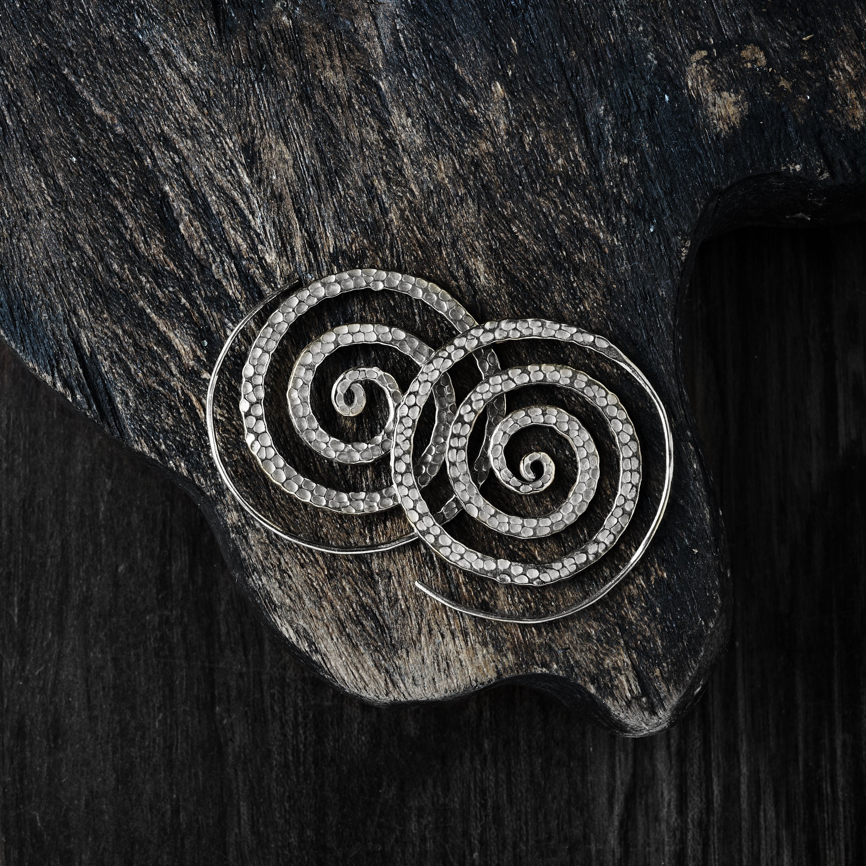 Hammered Spiral Tribal Silver Earrings