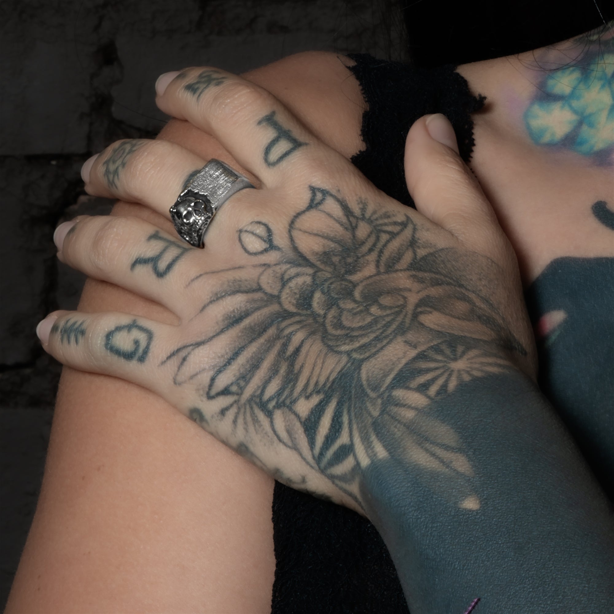 model wearing Silver Break Free Skull Ring