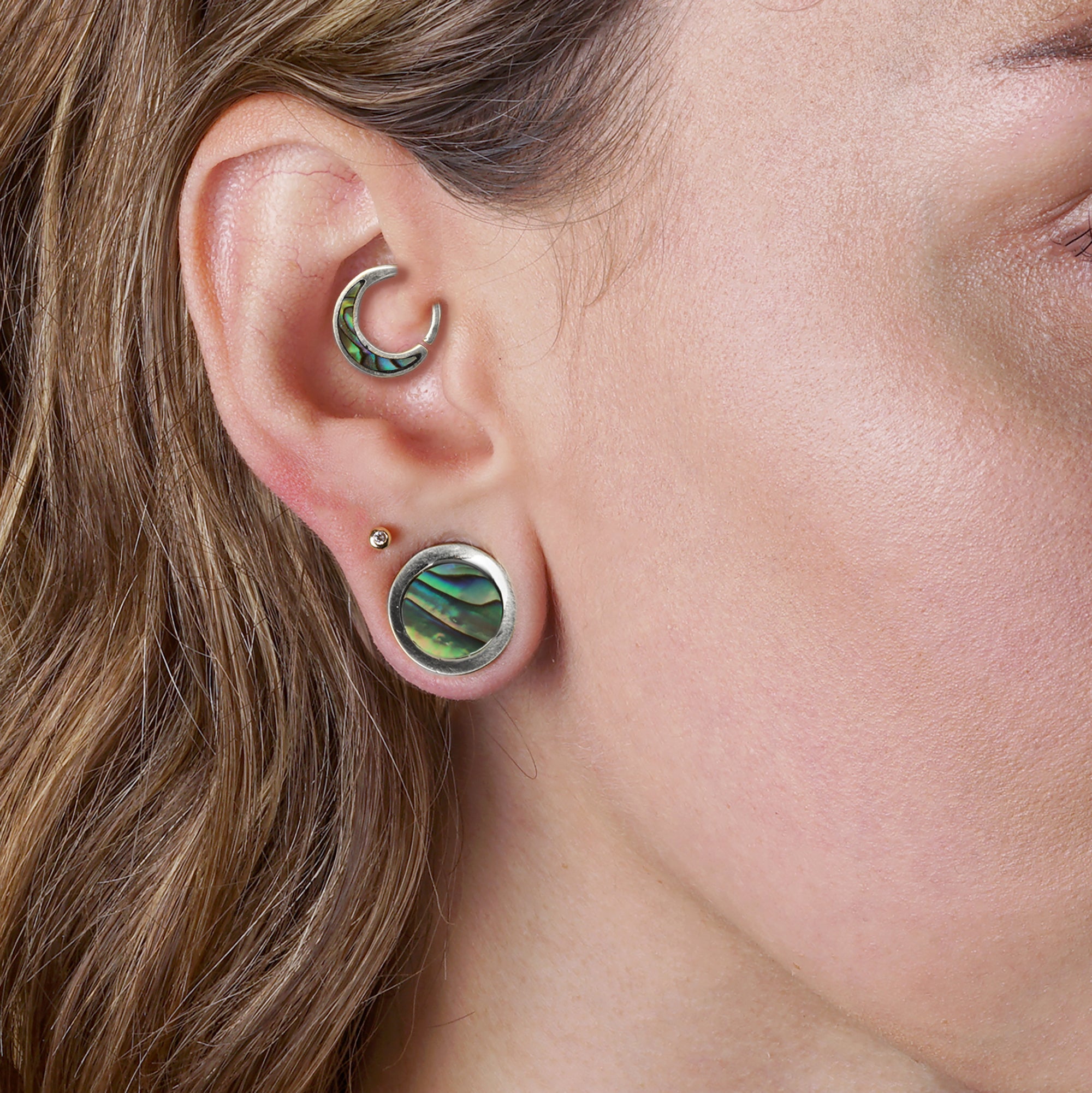 model wearing Silver Plated Abalone Plugs