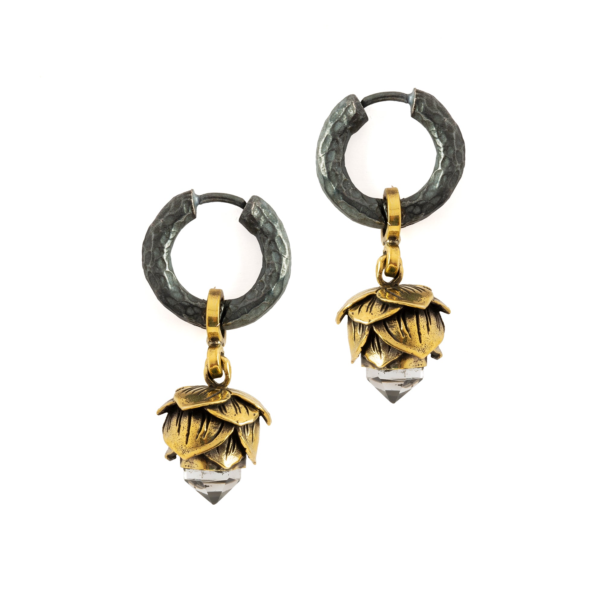 Crystal Bud Black Silver Clicker Earrings frontal view