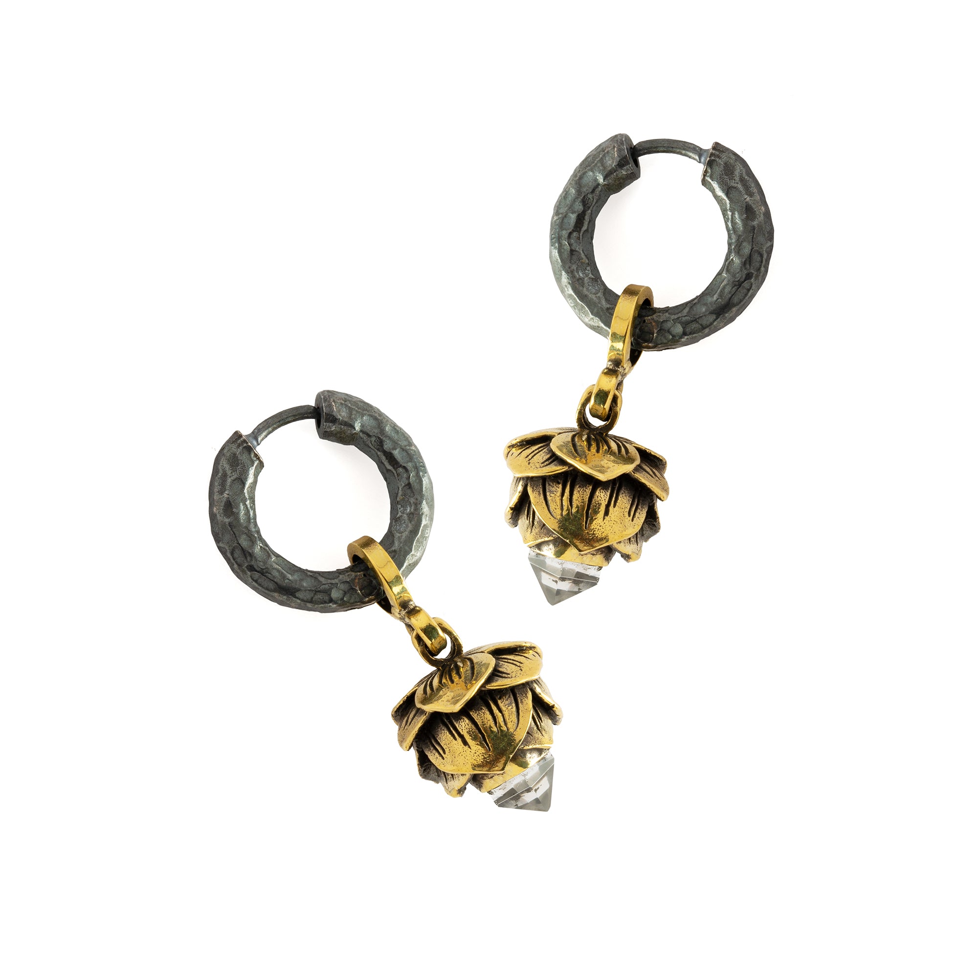 Crystal Bud Black Silver Clicker Earrings frontal view