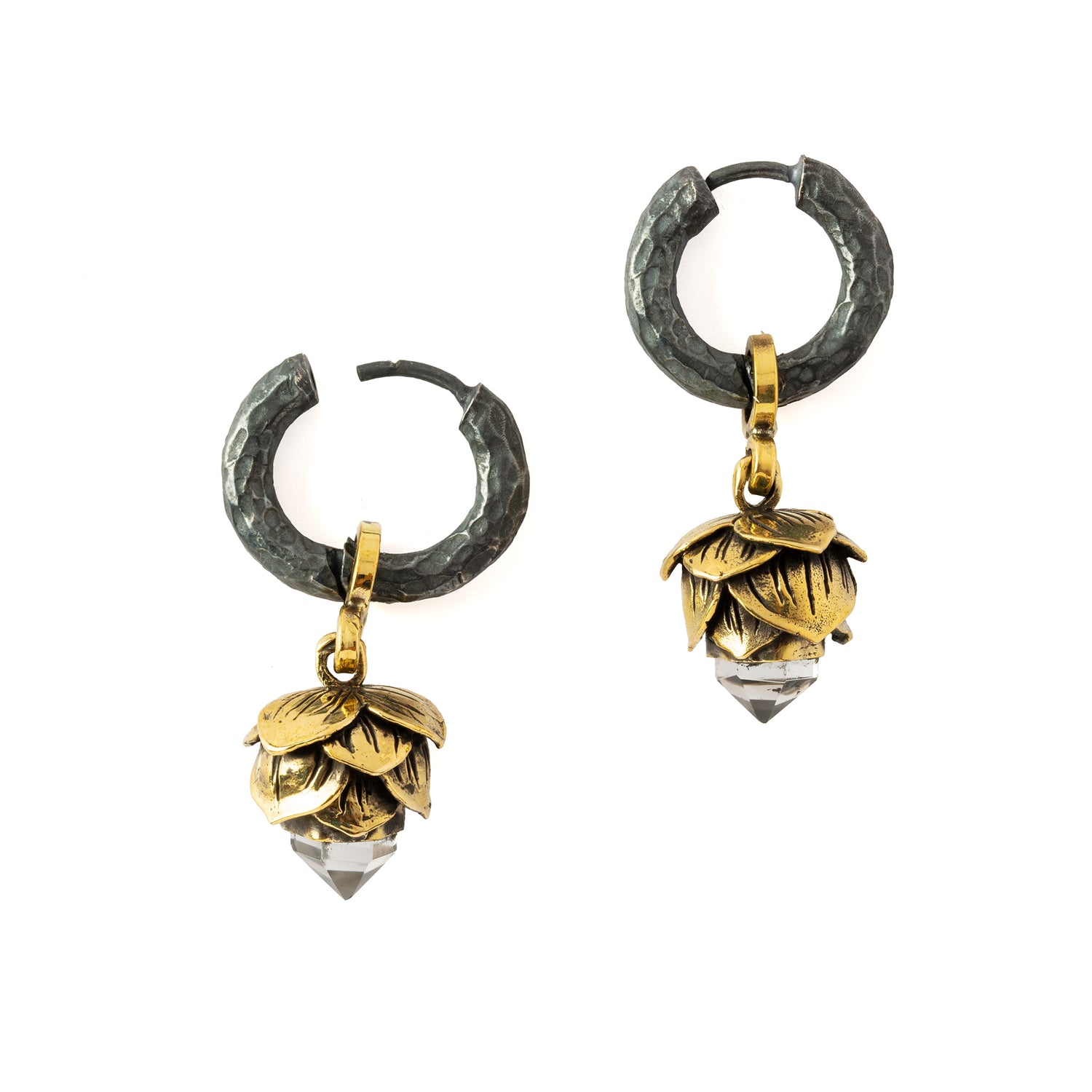 Crystal Bud Black Silver Clicker Earrings open mode view