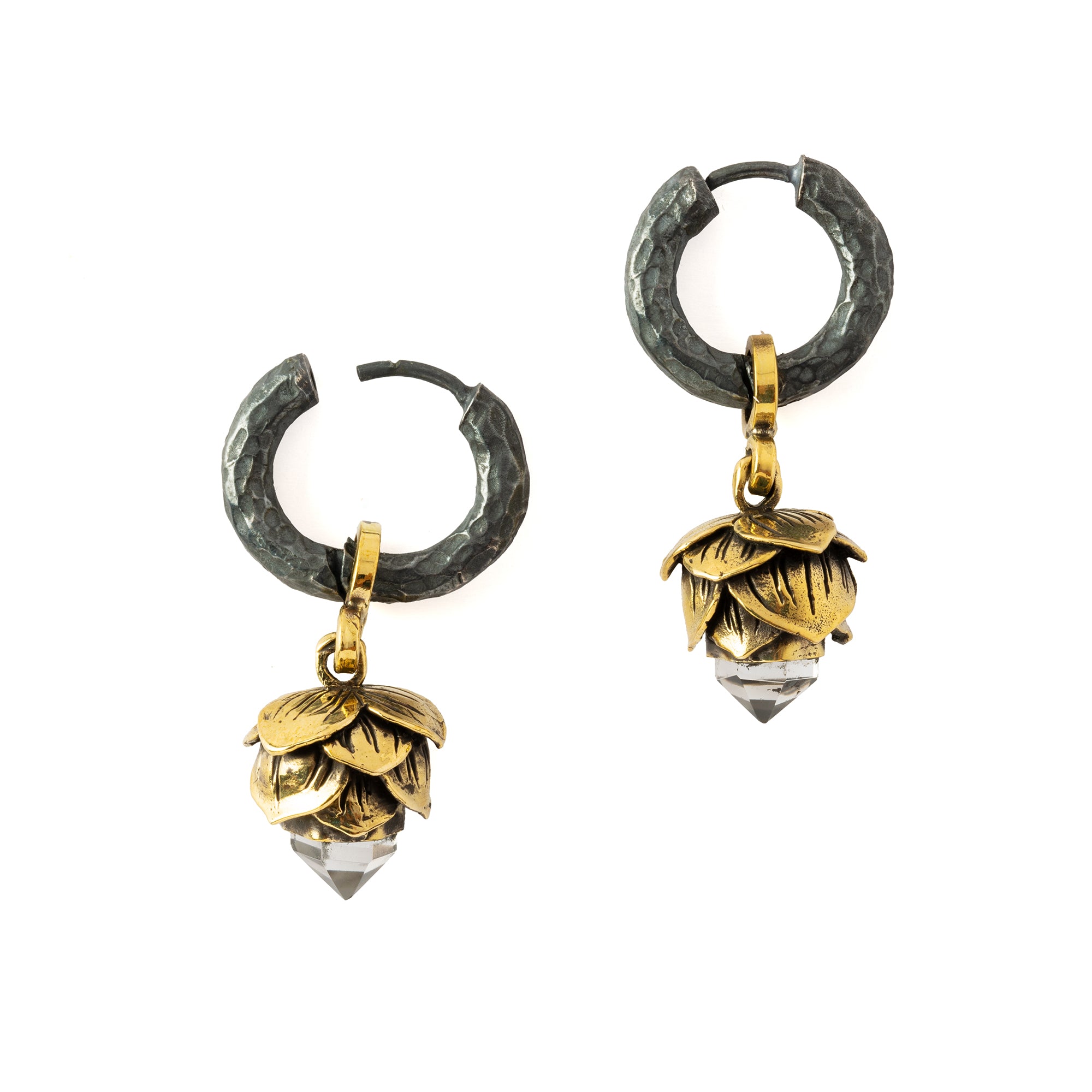 Crystal Bud Black Silver Clicker Earrings open mode view