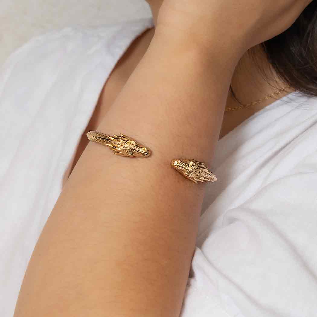 model wearing Golden bronze Dragon Cuff Bracelet
