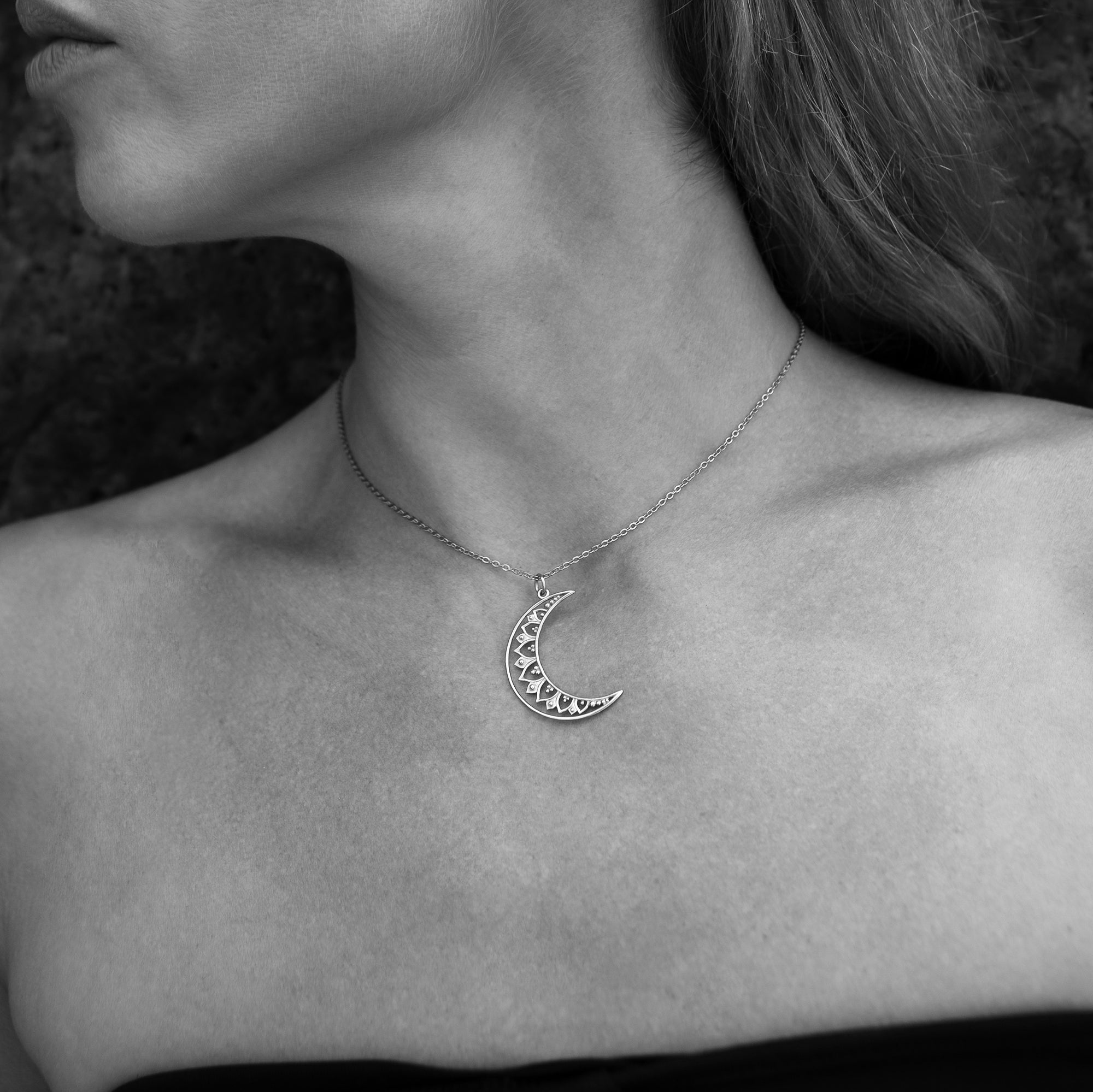 model wearing Vinyasa Moon Silver Necklace