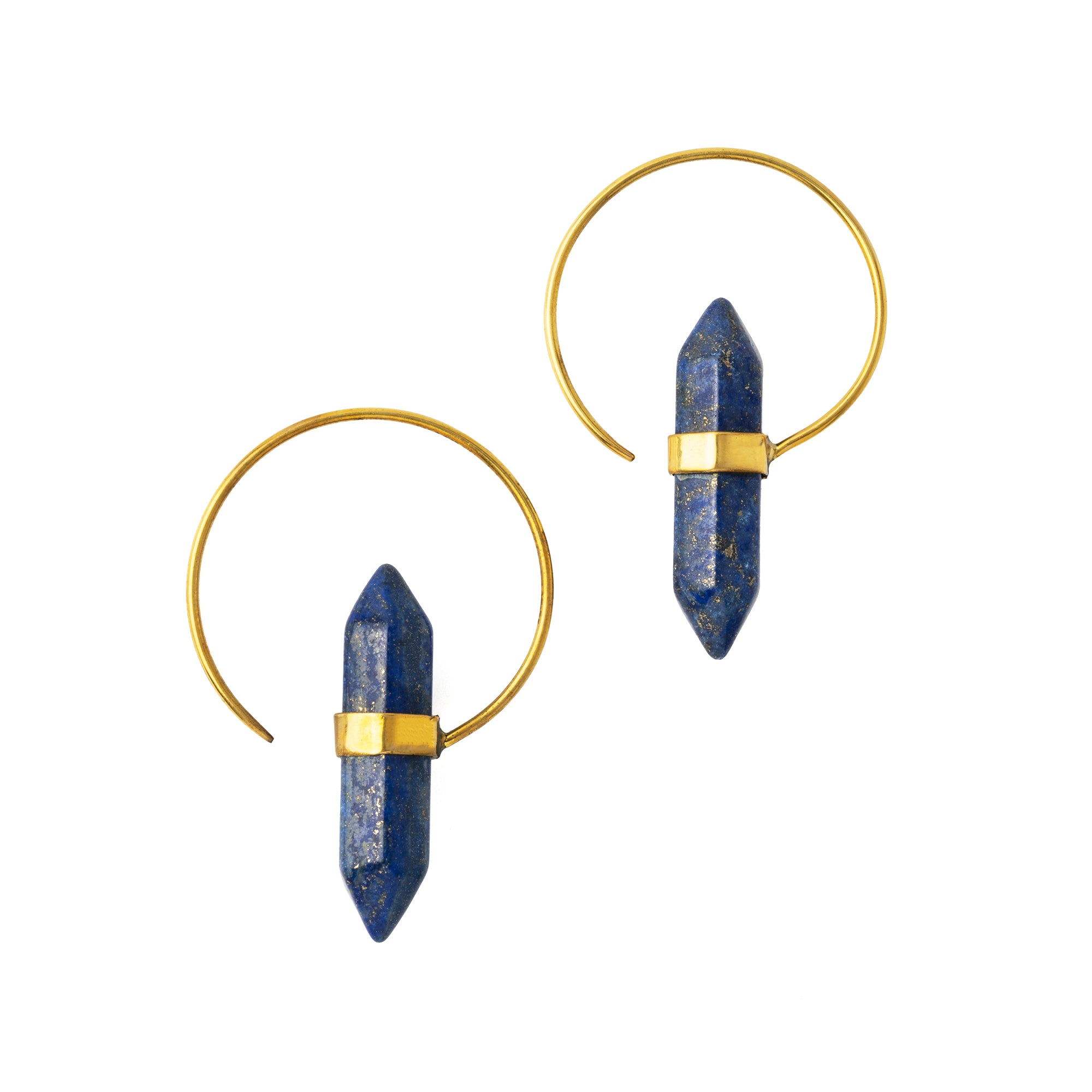 golden Zen open Hoop Earrings with Lapis lazuli frontal view