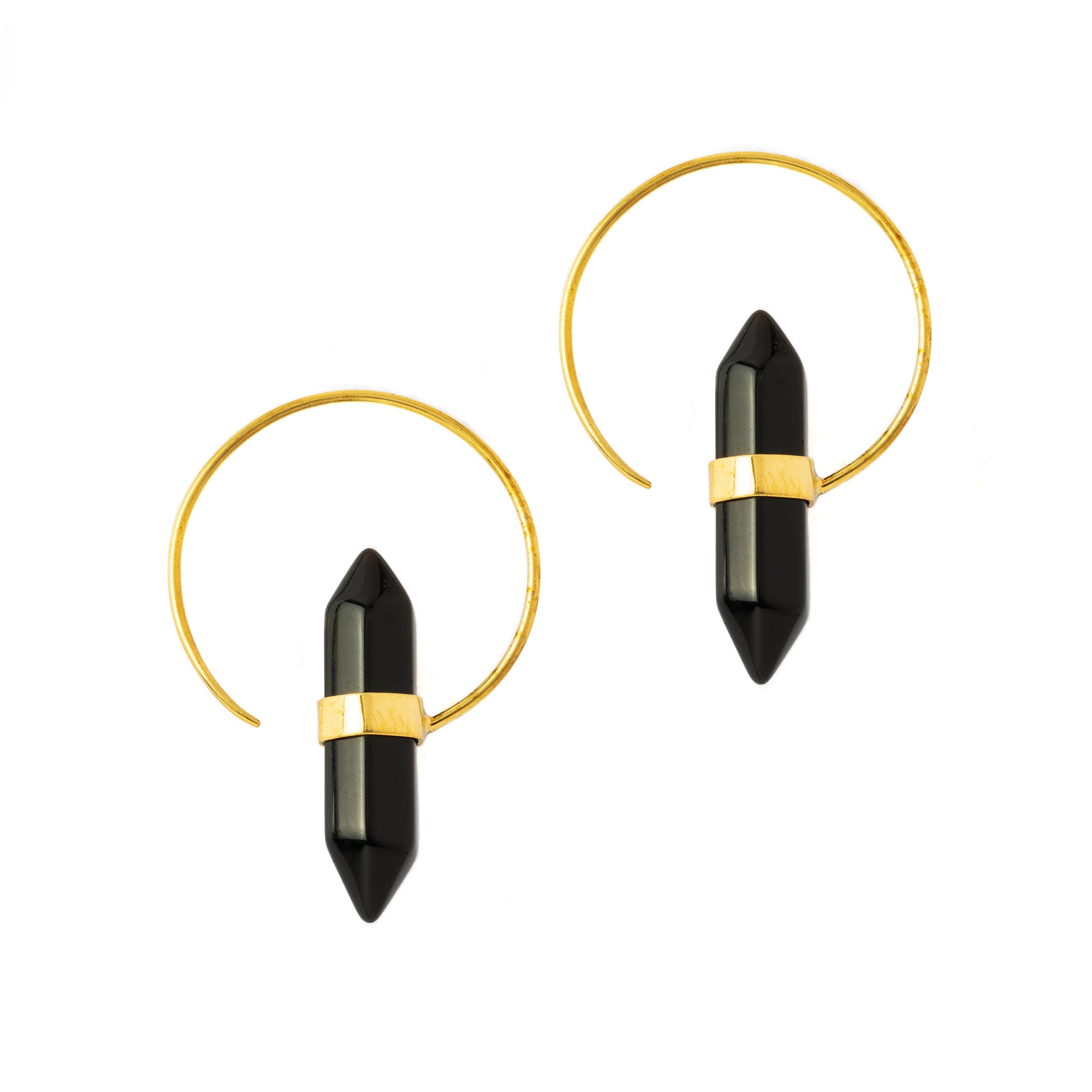 Golden Zen open Hoop Earrings with black onyx frontal view