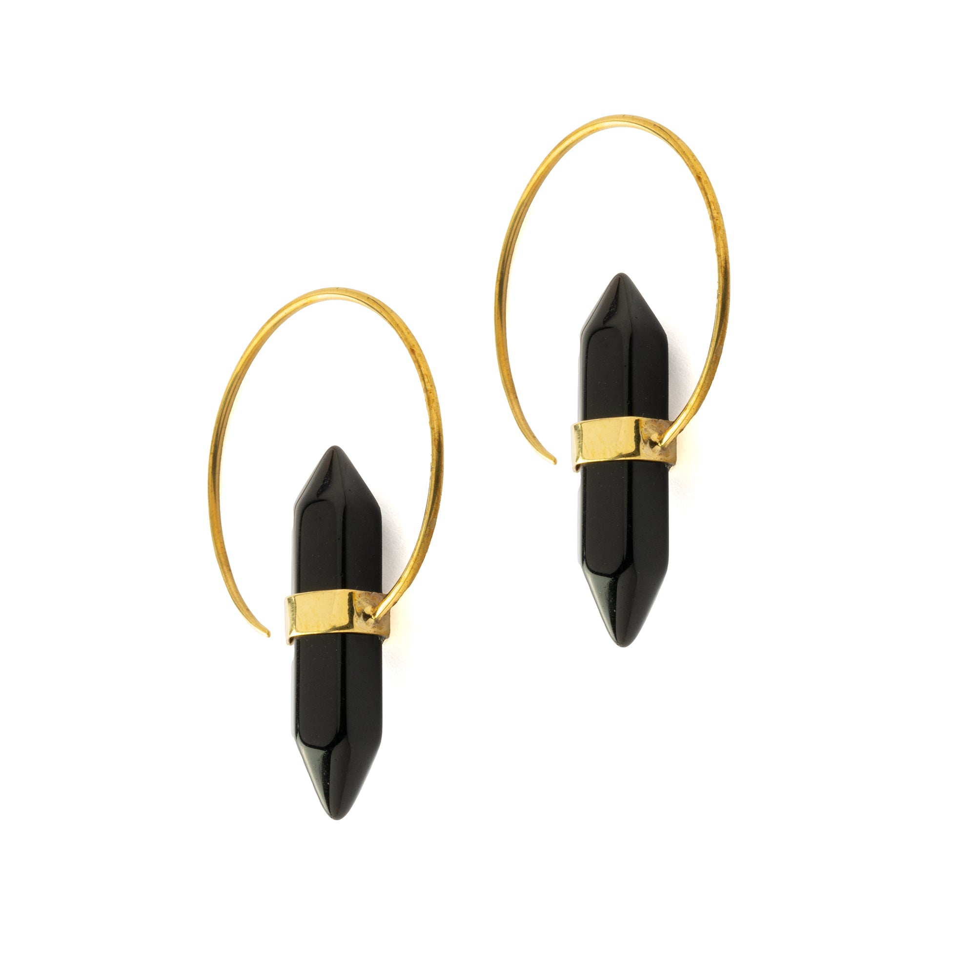 Golden Zen open Hoop Earrings with black onyx left side view
