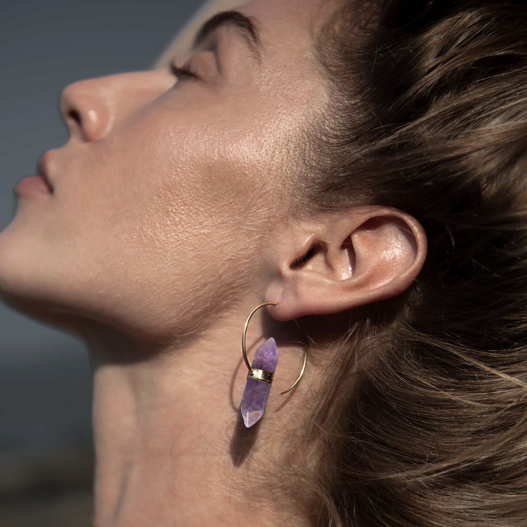 model wearing Zen Amethyst Hoop Earrings