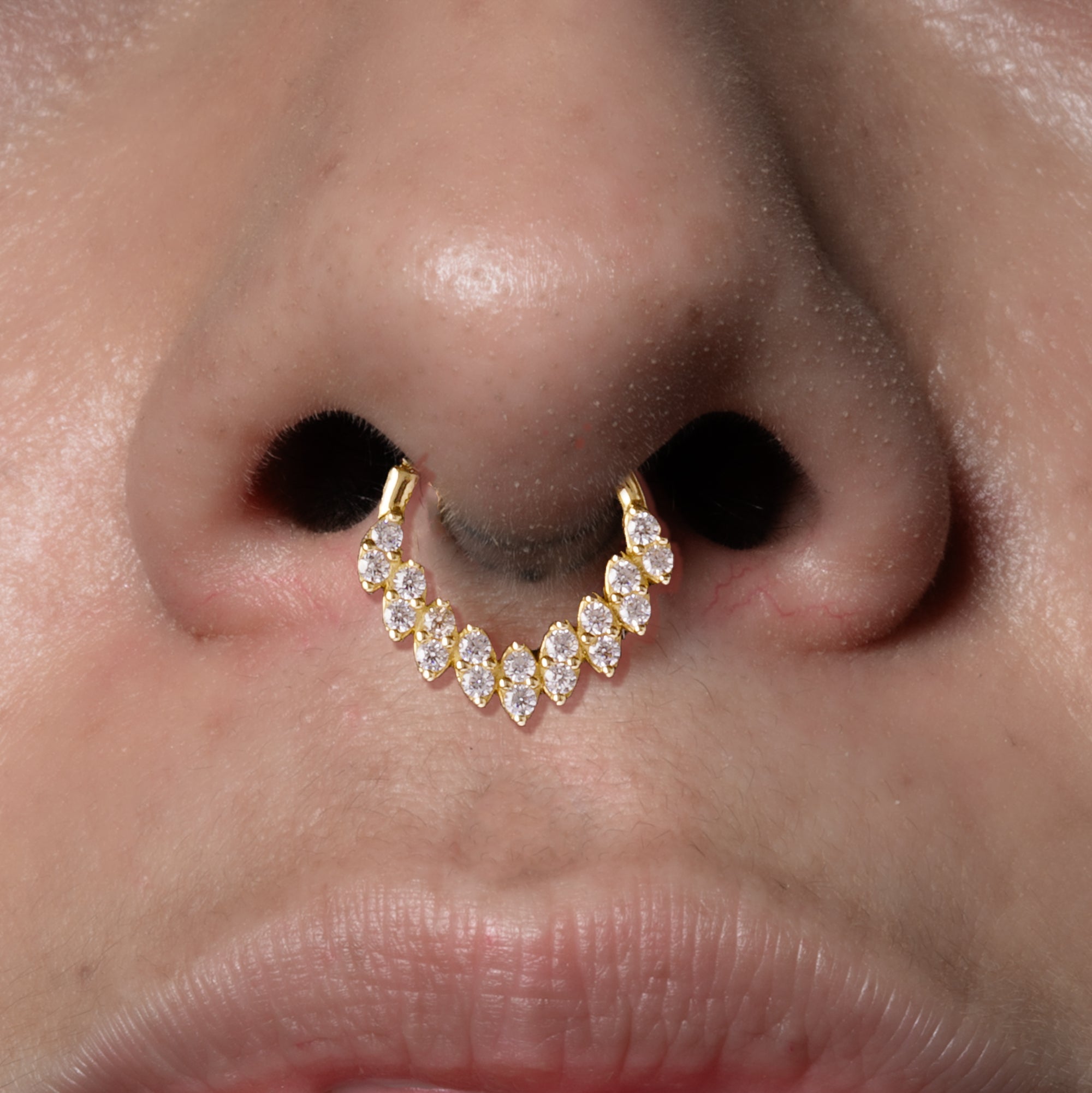 model wearing Zirconia Waterfall Septum Clicker on her septum
