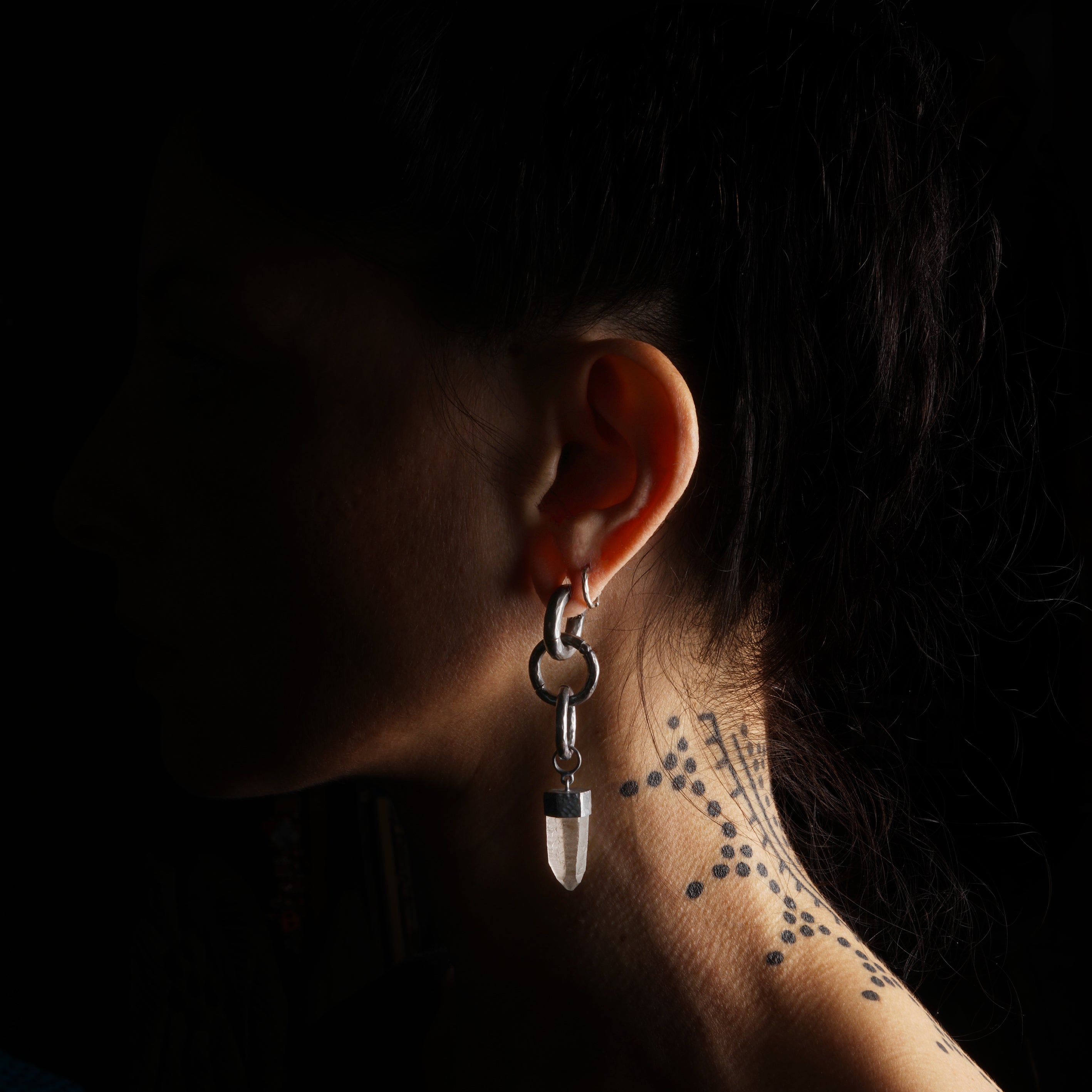 Black Silver Hoops with Crystal Hangers