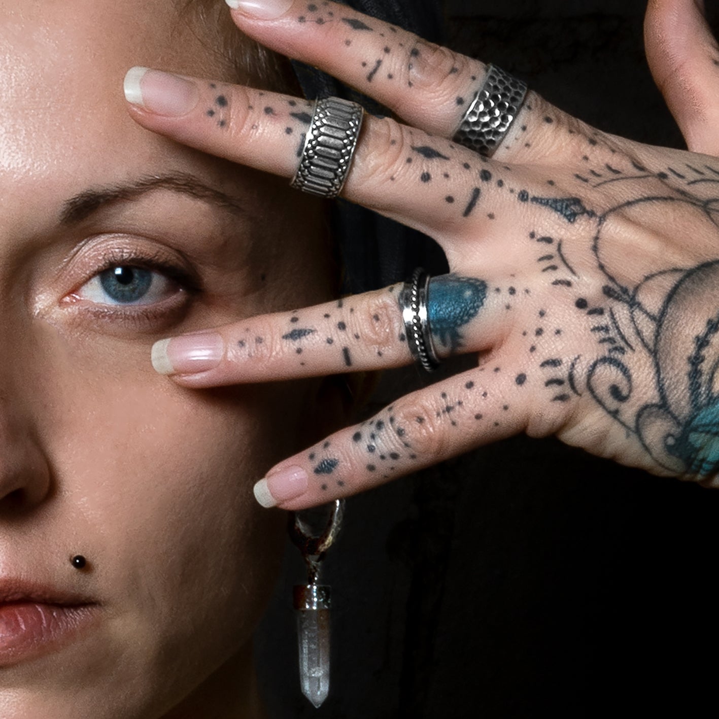 model wearing Oxidised Hammered Band Ring